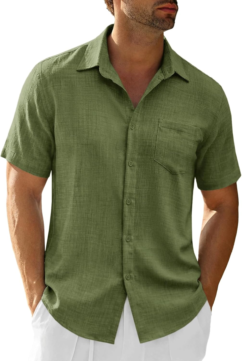 Runcati Mens Button Down Shirts Casual Short Sleeve Linen Shirt Summer Beach Textured Tops with Pocket