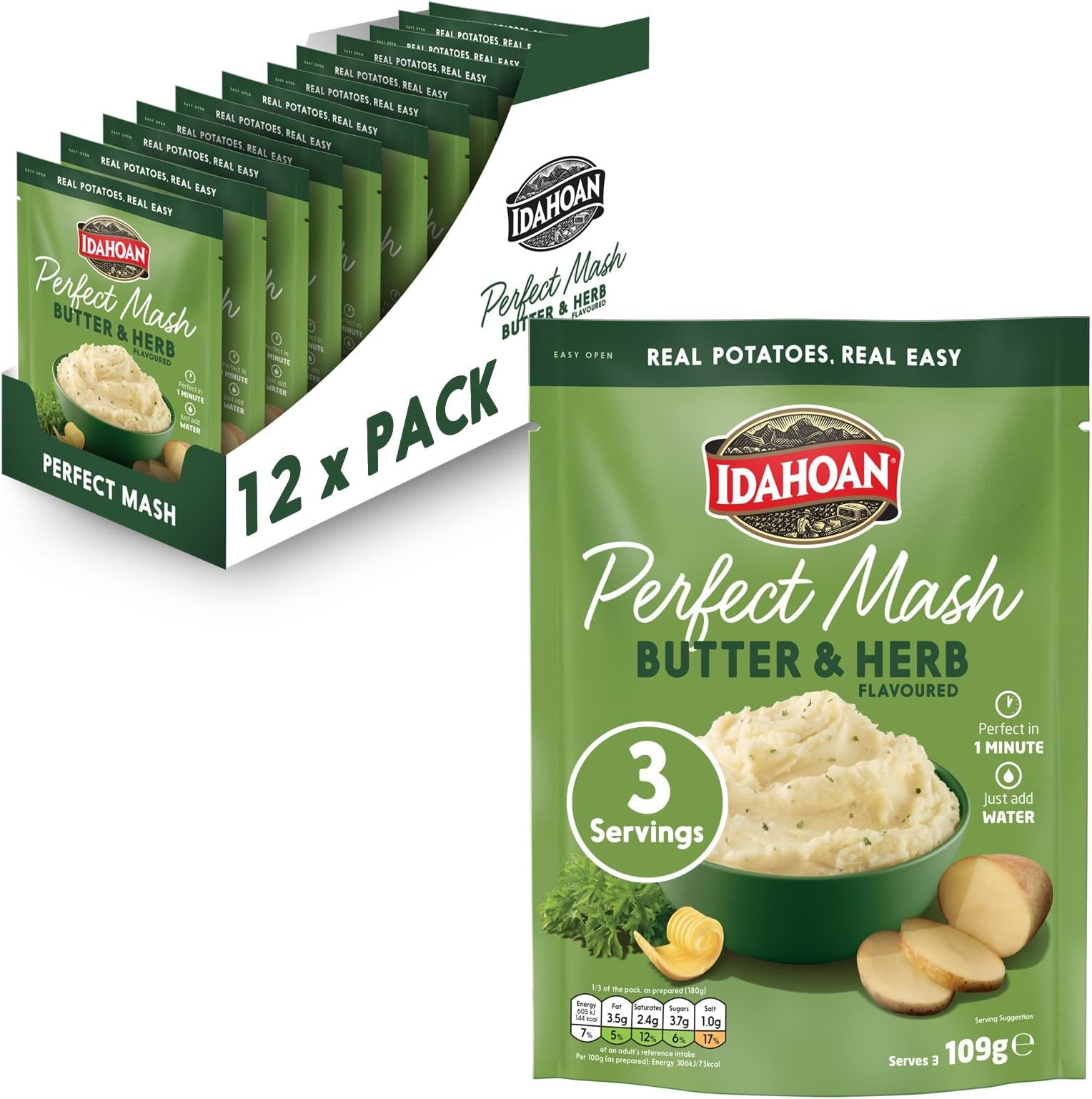 Idahoan Mashed Potato Butter & Herb 109g, Instant Mash Potatoes (Pack of 12)