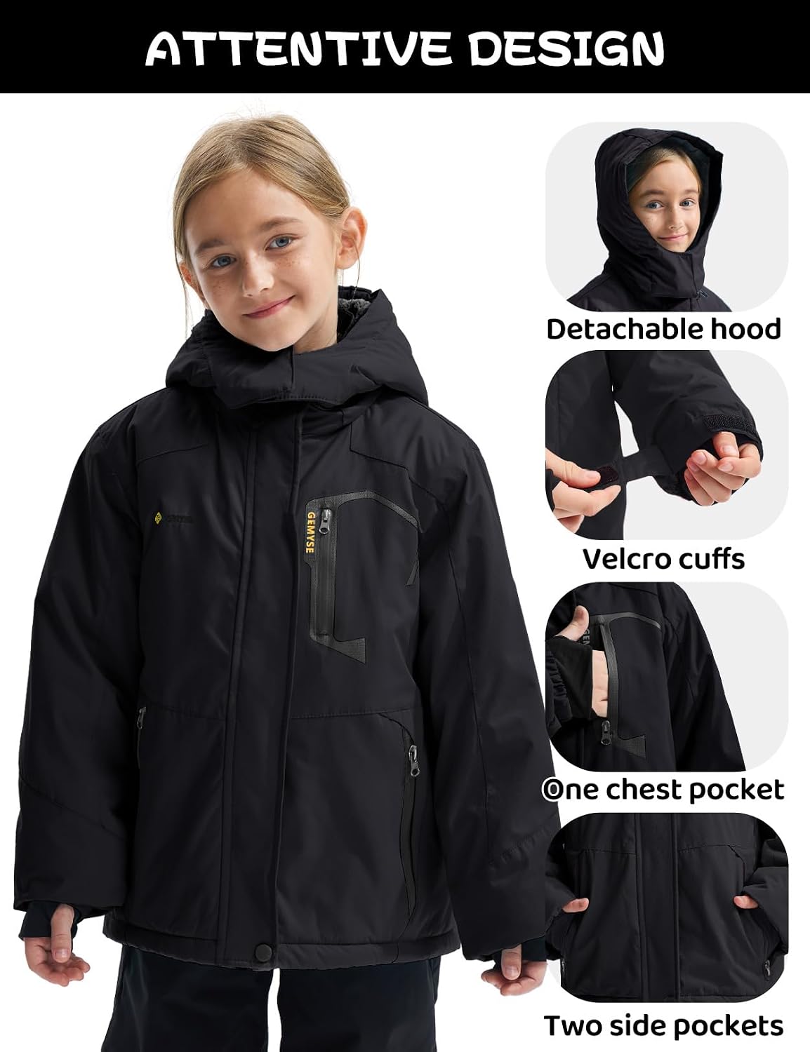 GEMYSE Girl's Waterproof Ski Snow Jacket Fleece Windproof Winter Jacket with Hood