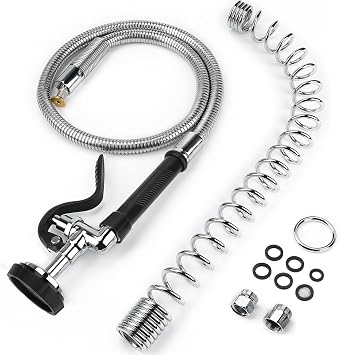 Spray Valve with 38" Flexible Stainless Steel Hose & Pre-Rinse Overhead Spring, Commercial Faucet Flexible Hose with Spray Head Replacement Kit for Commercial Restaurant Industrial Kitchen Sink Faucet