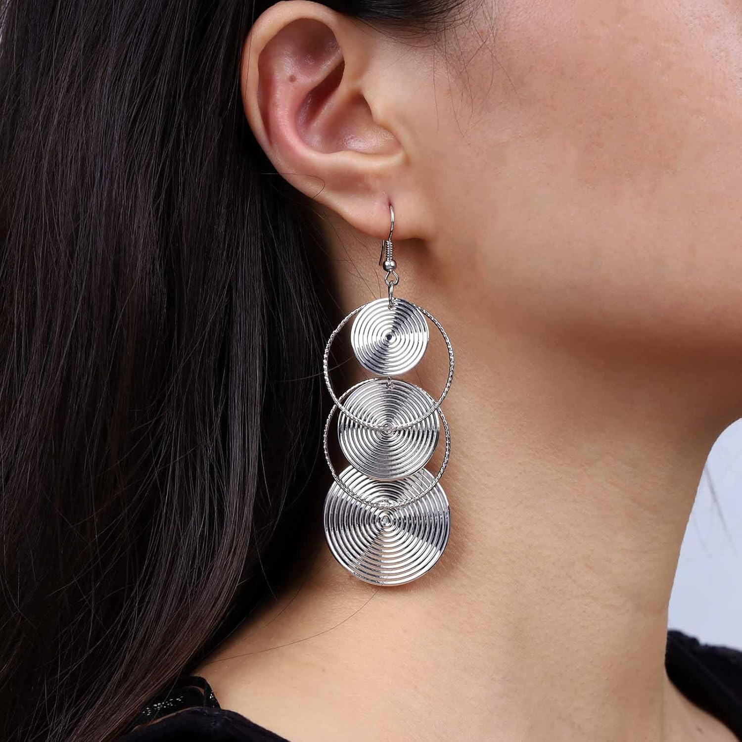 Boho Circle Disc Drop Earrings Gold Big Circle Coin Earrings Vintage Carved Circular Earrings Hollow Round Statement Hook Earrings Jewelry for Women - Image 2