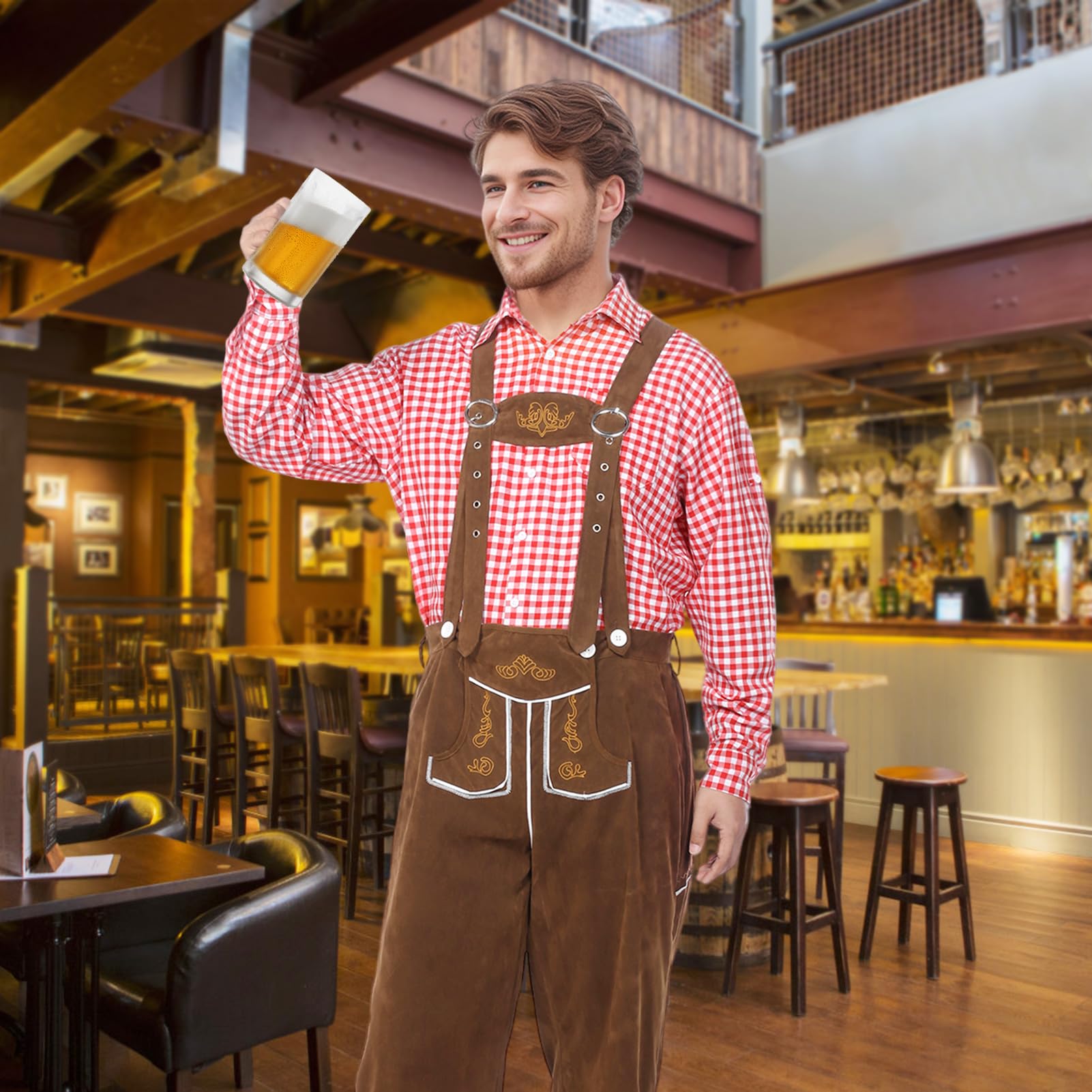 Trachten-Overall Mit Karohemd für Herren Oktoberfest-Outfit (Stil A, M)