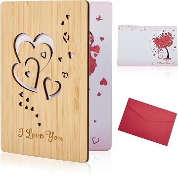 Heart Valentine Day Card, Bamboo Valentines Day Greeting Card with Red Envelope, Romantic Love Heart for Her, Wife, Adults Valentines Day Gift