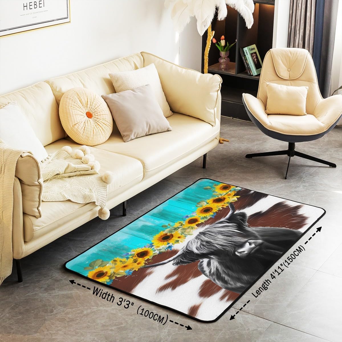 Highland Cow Area Rug for Kids Boys Girls Sunflower Decorative Carpet Set 3x5 Cow Fur Print Living Room Rugs Bedroom Decor Farmhouse Animal Blue Yellow Indoor Floor Mat Bedding Collection