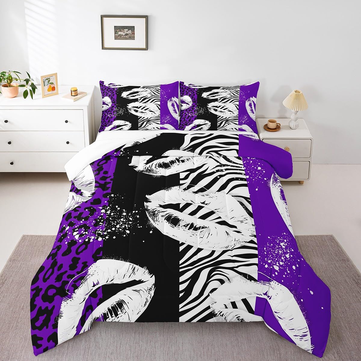 Parure de lit 3 pièces motif léopard violet avec couette et 2 taies d'oreiller