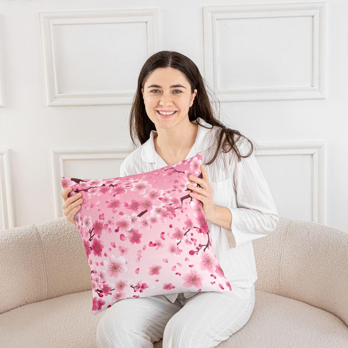 jejeloiu Cherry Blossoms Pillow Cases Cushion Covers 18"x18" Set of 4 Japanese Style Pillow Cases Cushion Covers Sakura Flower Throw Pillow Covers Gradient Pink Decorative Throw Pillowcases for Kids