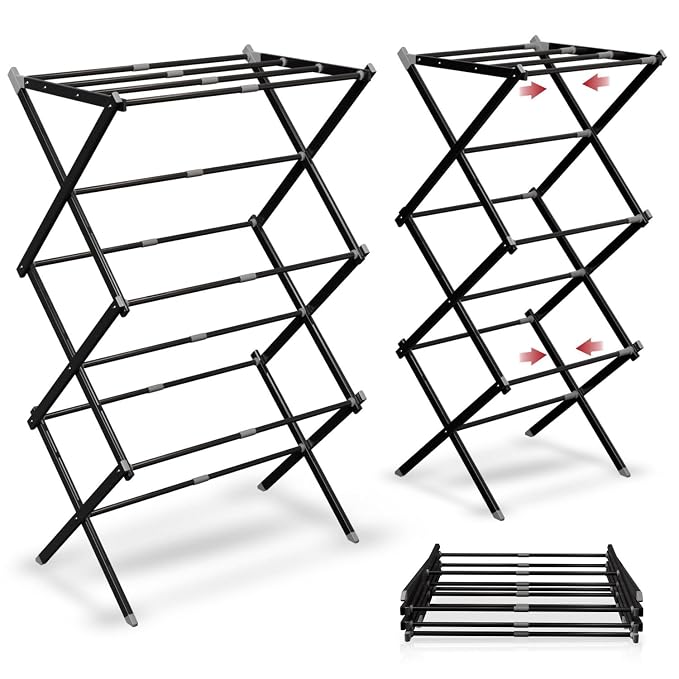 Lifelong Carbon Steel Foldable Clothes Drying Stand for Laundry, Expandable Heavy Duty Space Saving Drying Rack with Adjustable Wings for Indoor Outdoor Home Balcony Bathroom Use