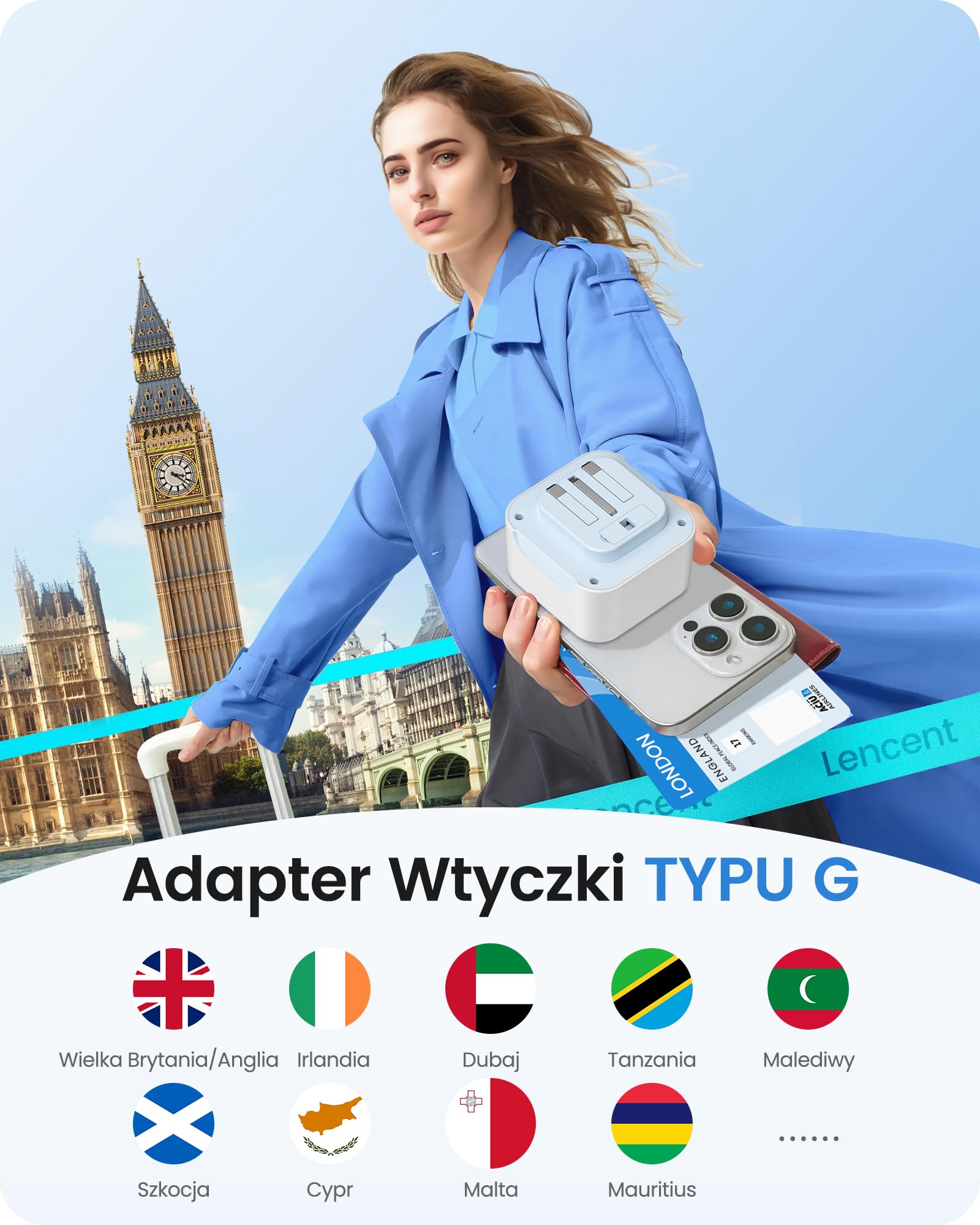 LENCENT Adapter Podróżny UK Niemcy, Adapter Typu G, Składana | Wtyczka Podróżna z 2 Portami USB-C&2 USB-A, EU Schuko na UK dla Anglii, Wielkiej Brytanii, Szkocji, Irlandii, Malediwów