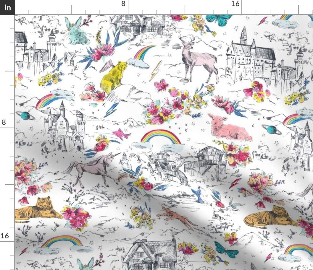 Spoonflower Fabric - Unicorn Fairy Tale Rainbow Toile Castle Mermaid Rabbit Butterfly Bear Printed on Petal Signature Cotton Fabric by The Yard - Sewing Quilting Apparel Crafts Decor