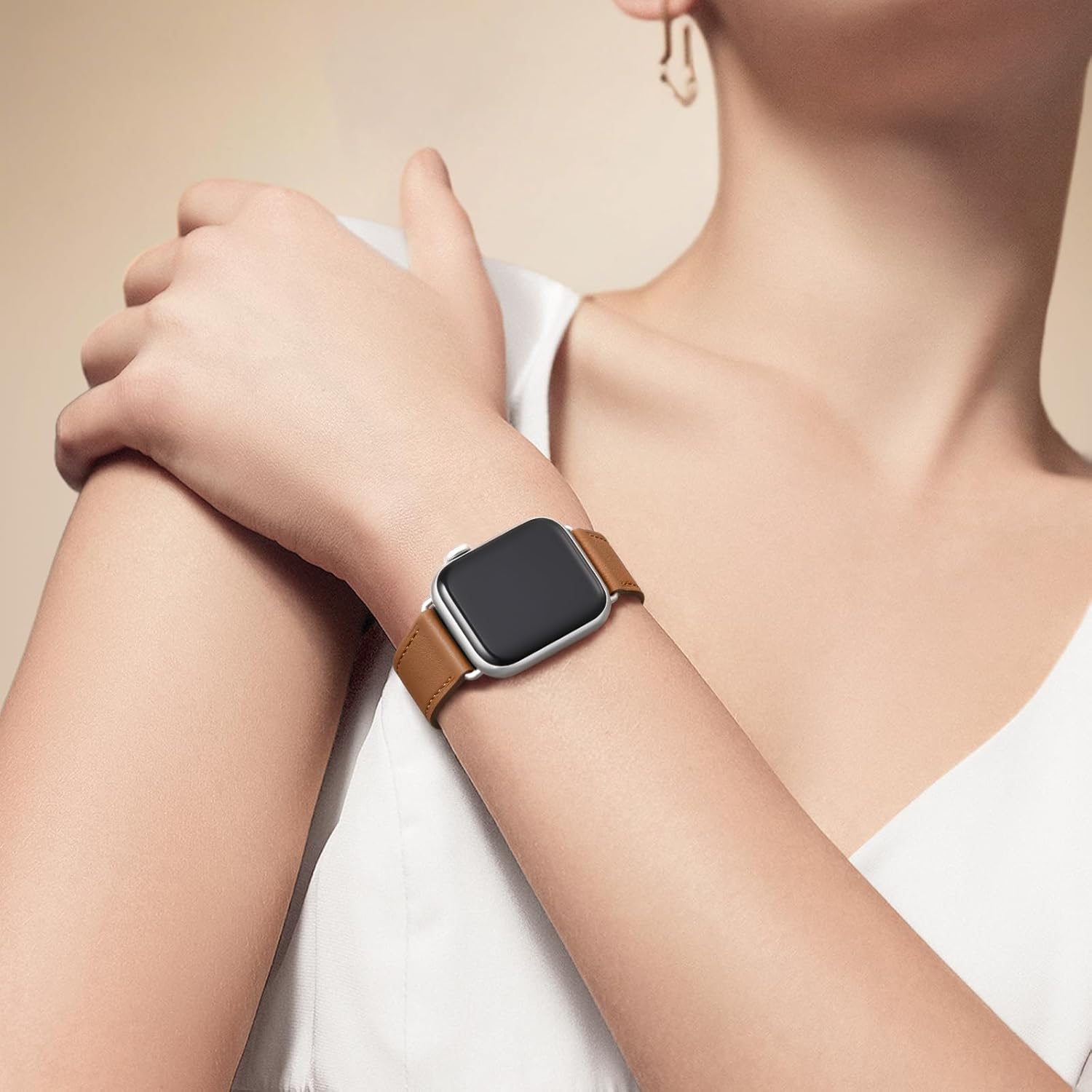 Bestig Leather Bands Compatible with Apple Watch Band 38mm 40mm 41mm 42mm(Series 10 11) for Women Men, Wristband Strap for iWatch SE3/2/1&Series 9 8 7 6 5 4 3 2 1(Brown+Silver) - Image 5