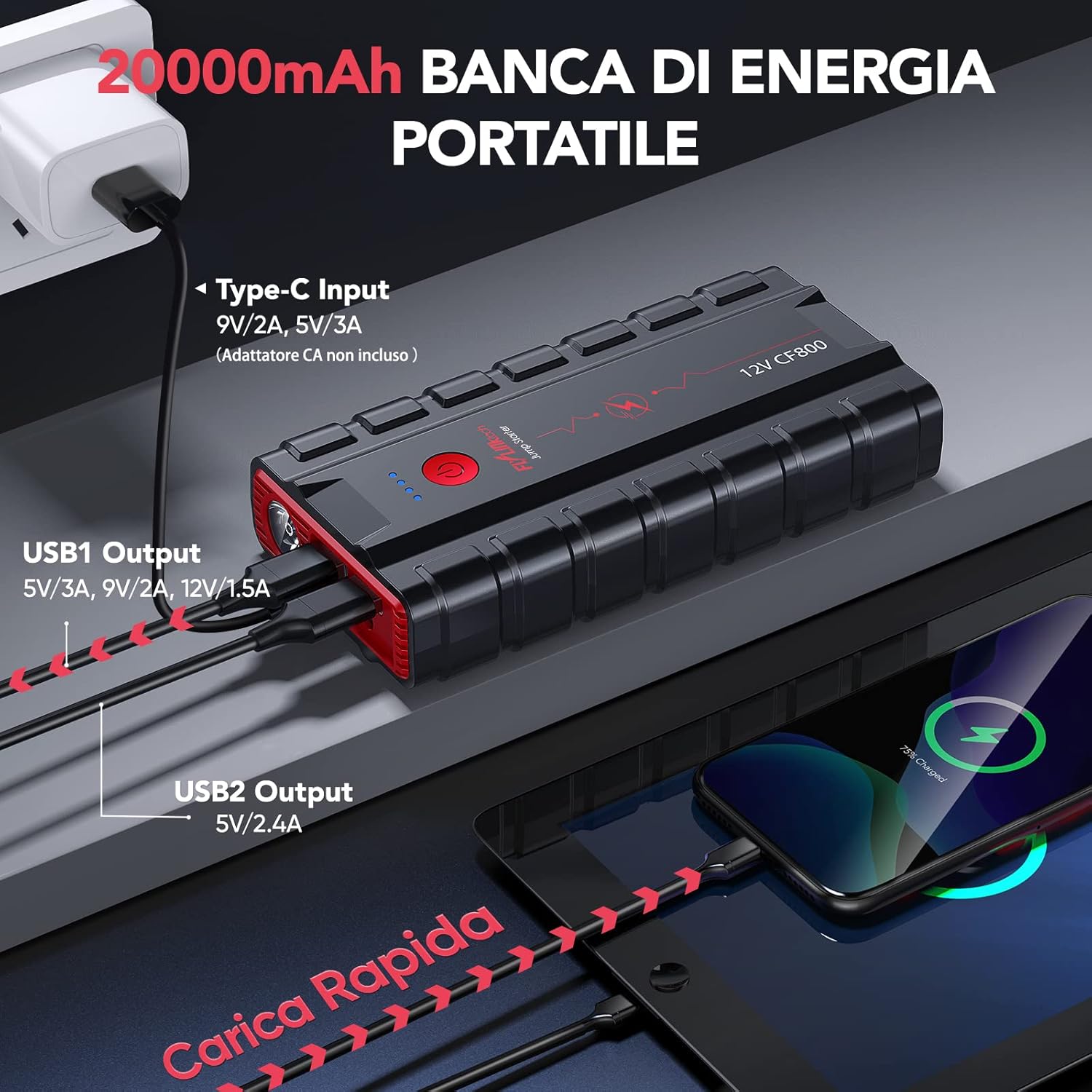 FLYLINKTECH CF800 Jump Starter being charged via Type-C input and also charging a phone and tablet via USB outputs