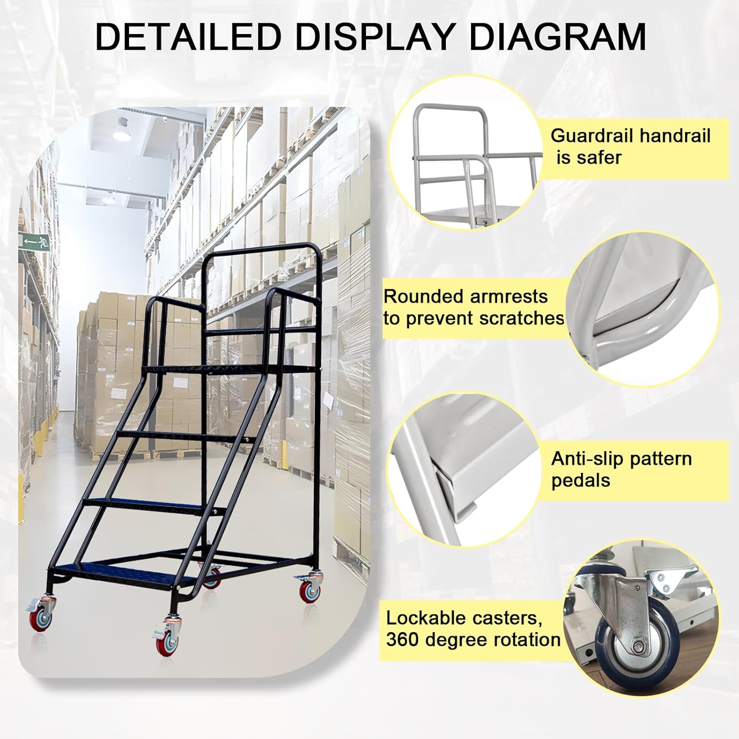 6-Steps Rolling Stairs with Wheels, Rolling Steps Ladder Industrial Warehouse Mobile Stairs, Non Slip Factory Pickup Shelf, Supermarket Climbing Ladder for Garage, Library (White, 6 Steps)