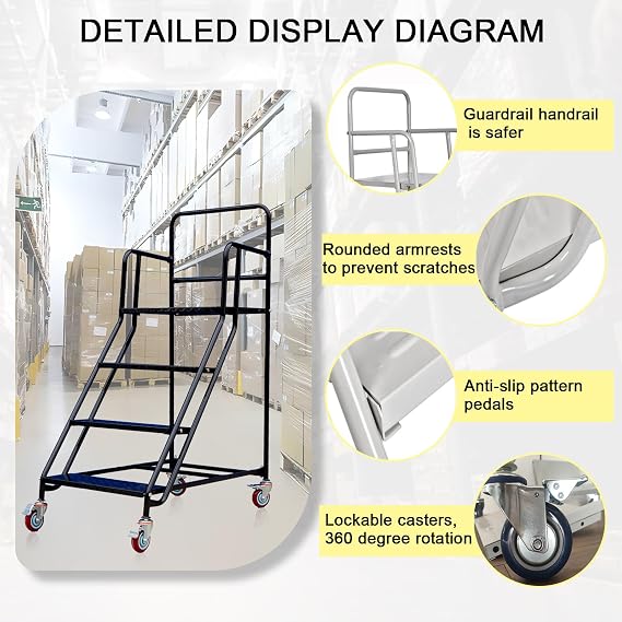 6-Steps Rolling Stairs with Wheels, Rolling Steps Ladder Industrial Warehouse Mobile Stairs, Non Slip Factory Pickup Shelf, Supermarket Climbing Ladder for Garage, Library (Black, 6 Steps)