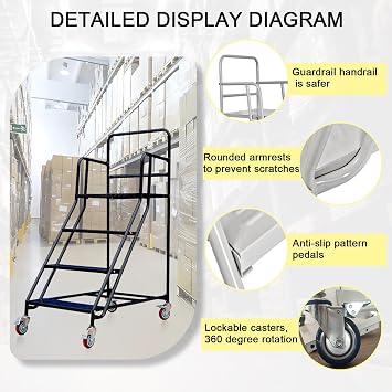 6-Steps Rolling Stairs with Wheels, Rolling Steps Ladder Industrial Warehouse Mobile Stairs, Non Slip Factory Pickup Shelf, Supermarket Climbing Ladder for Garage, Library (Black, 6 Steps)