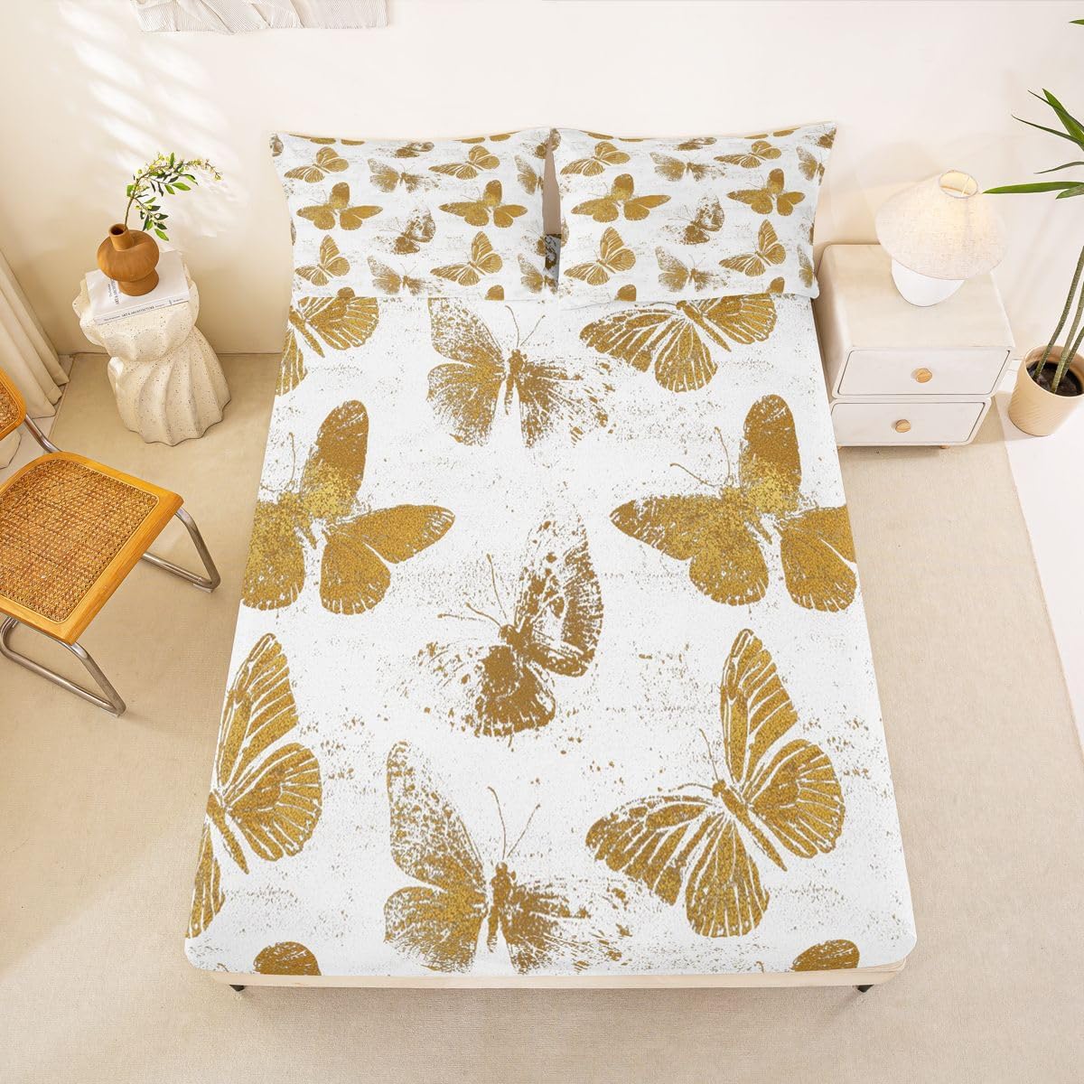 Erosebridal Butterfly Bed Sheets Full Gothic White Gold Sheet Set, Vintage Grunge Style Soft Lightweight Bedding Set, Rustic Animal Butterflies Fitted Sheet with Deep Pocket