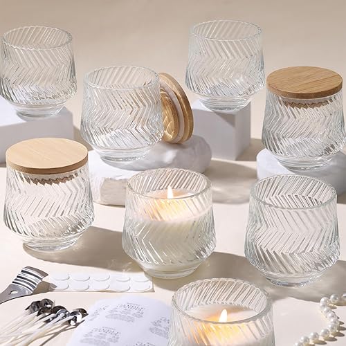 8 tarros de vela transparentes de 7 onzas para hacer velas, tarros de vela únicos acanalados, tarros de vidrio con tapas de bambú y etiquetas para