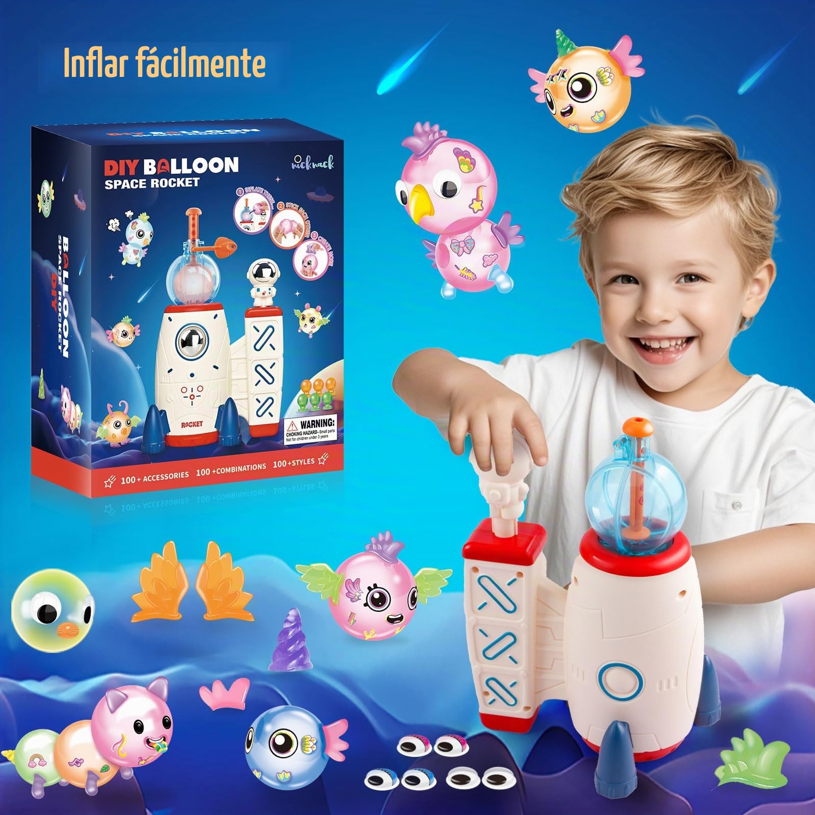 nicknack Nano Art Kit con Inflador de Globos Cohete, 195 Piezas Manualidades para Niños - Juego para Hacer Burbujas Pegajosas, Juguete Educativo y Creativo