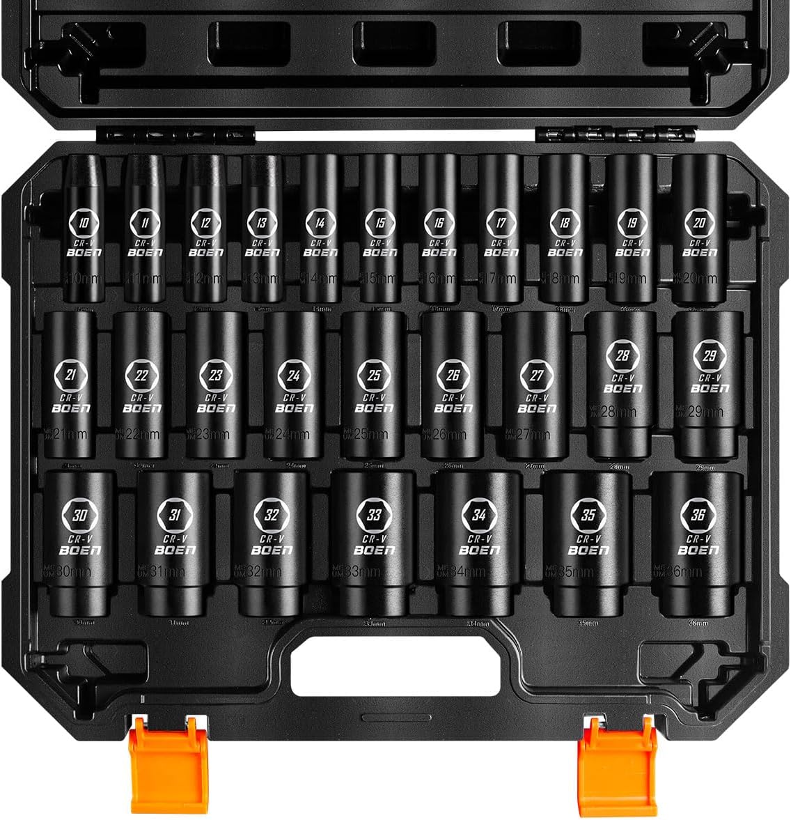 boen 10mm-36mm 1/2” Drive Metric Socket Set, Impact Deep Socket, 6-Point Axle Nut Socket with Portable Case, Rugged Construction, CR-V Steel, 27PCS