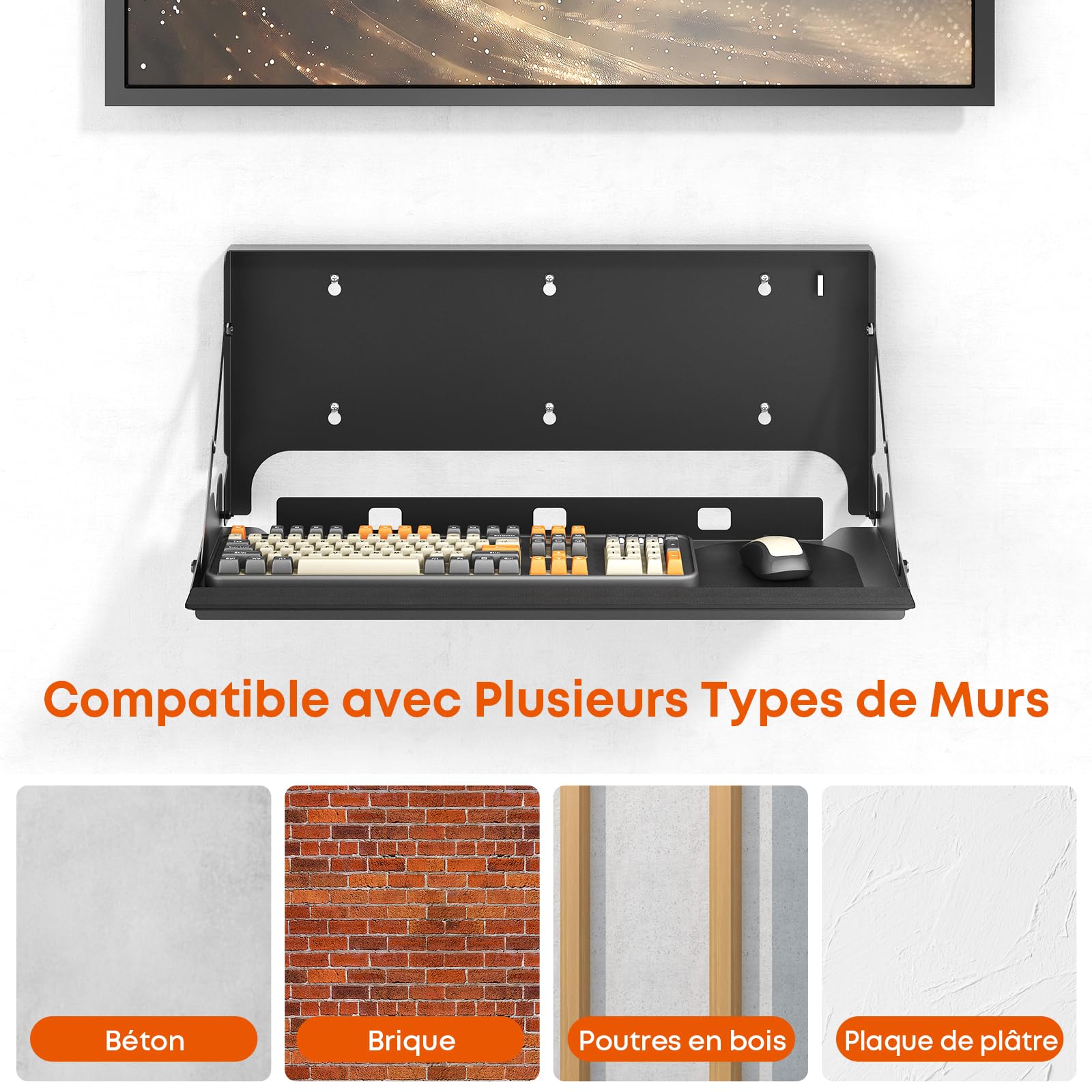 Plateau Clavier Escamotable Murale Ergonomique 61cm - Plateforme pour Clavier & Souris de Bureau et Maison - Gain de Place avec Tapis de Souris et Repose-Poignets, Capacité de Charge 10 kg, Noir