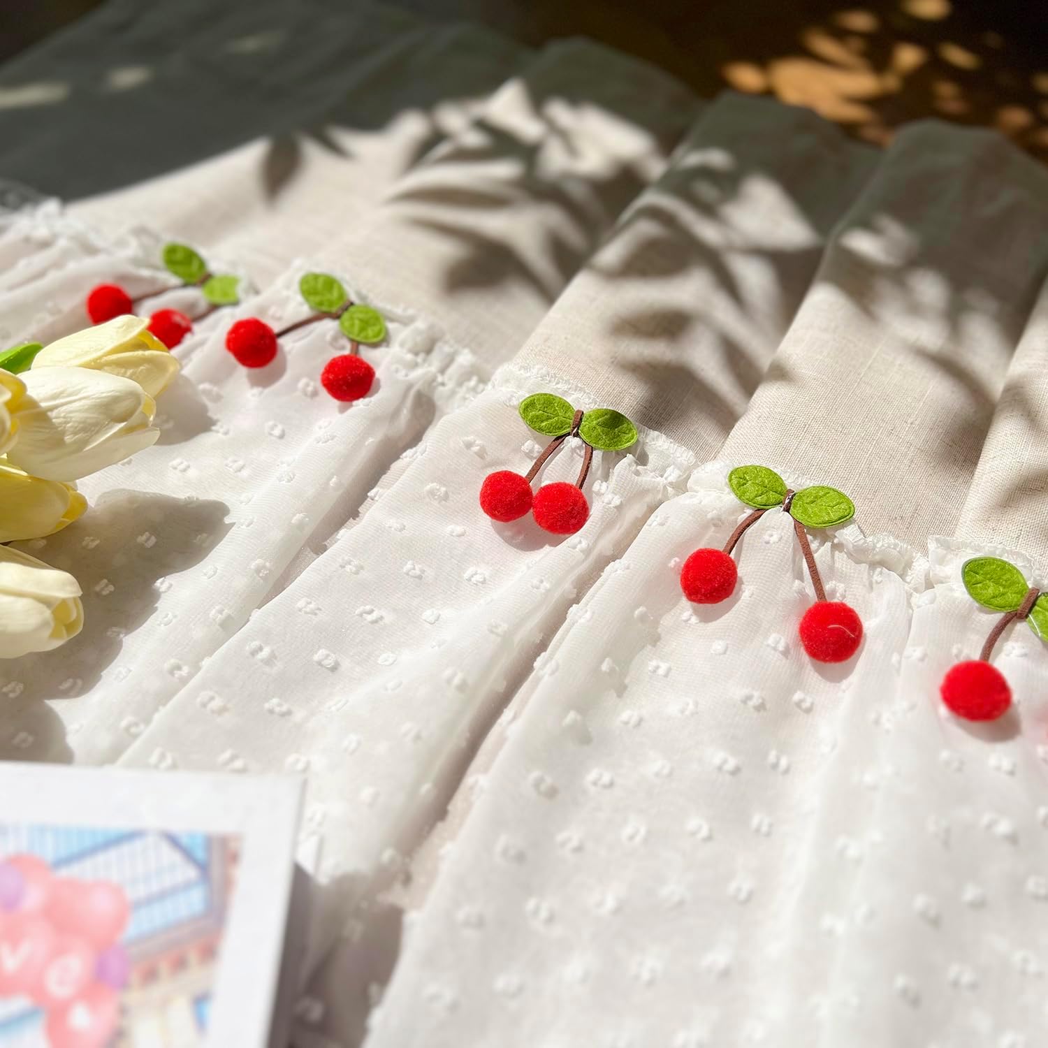 Boho Kitchen Sheer Valance Splicing Lace Pompom Short Curtain Tier Cafe Bathroom Light Filtering Pom pom Window Toppers with Cherry Rod Pocket 2Panels (W59 X L24 INCH,Beige+White,2)