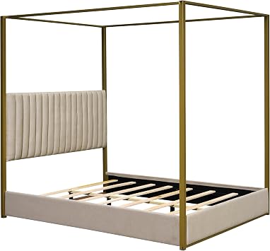 Modern 4-Poster Canopy Platform Bed Queen Size with Channel Upholstery Tufted Headboard, Gold Metal Canopied Design Platform Bed Frame with Strong Slats Support (Beige+U)