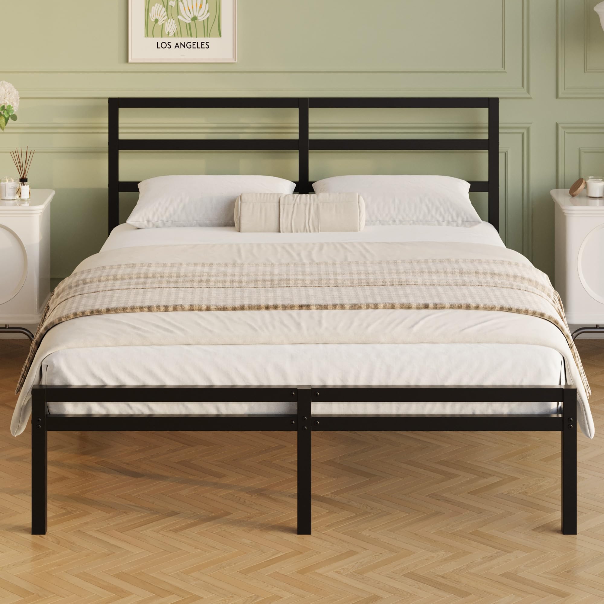 California King Bed Frame with Headboard and Footboard 12 Inch Classic Metal Platform Bed Frame Under Bed Storage