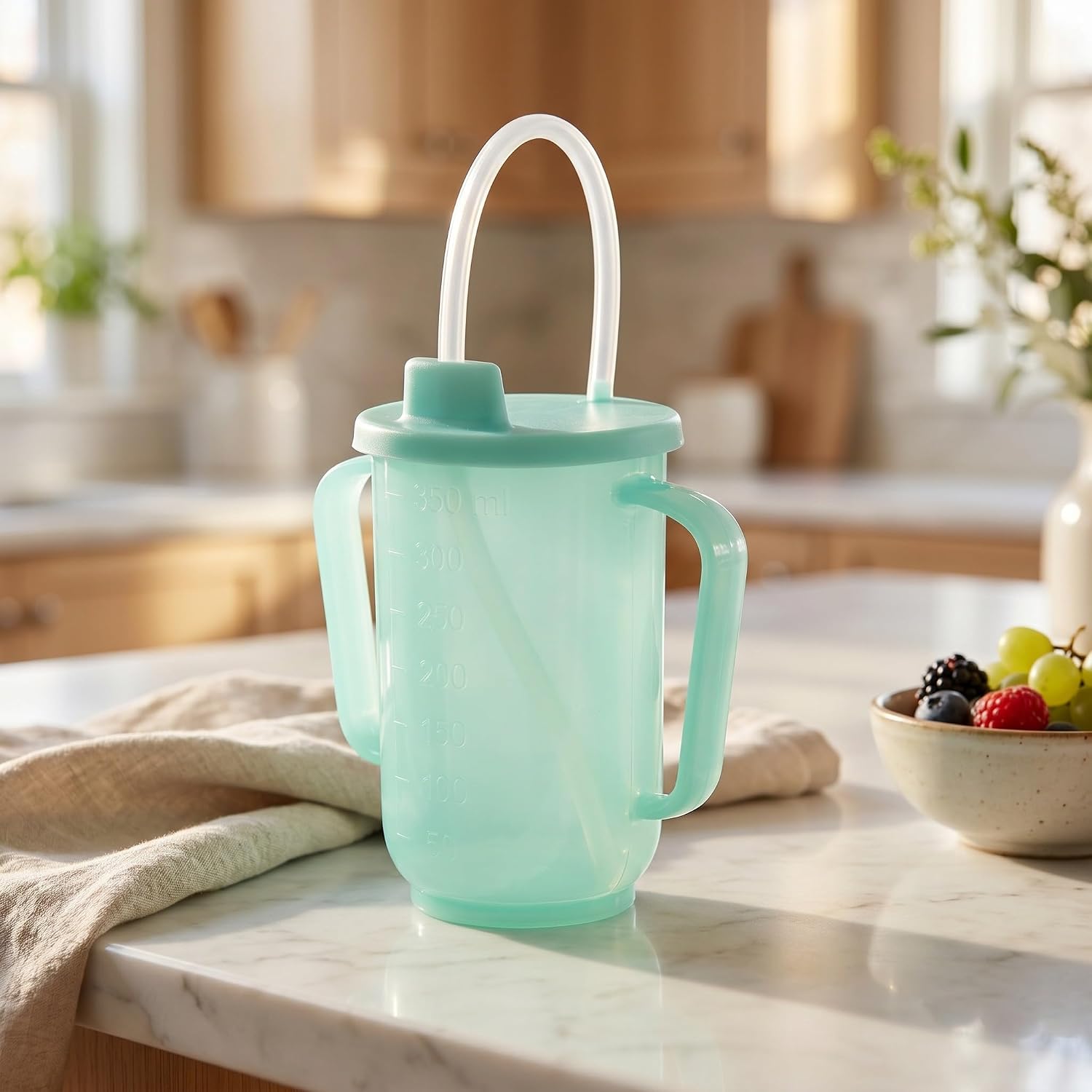 KALLORY Adult Sippy Cup with 2 Handles - 12 Oz No-Spill Feeding Mug with Measurement Long Straw Leak-Proof Lids for Elderly Anti-Choking Reusable & Lightweight