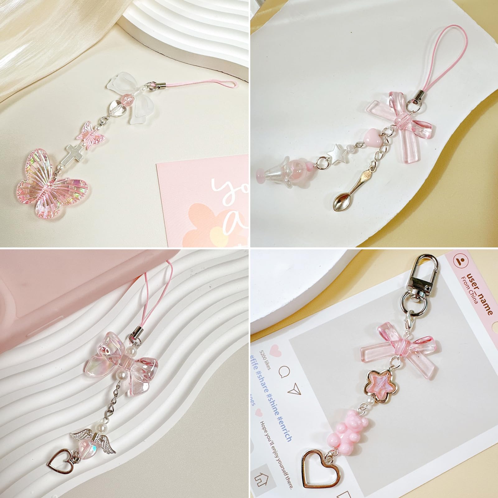 Pendentifs Y2K pour Téléphone Portable 6 Pcs, Kawaii Noeud Papillon Chaîne Anti-Perte