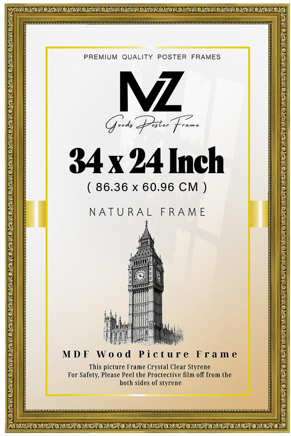 Mz Goods Gold - Ornate Shabby Style Rectangle Sturdy 34 X 24 Inch Poster Frame | Polcore Wall Hanging Large For Posters/Art Prints (86.36 X 60.96 Cm) [ ]