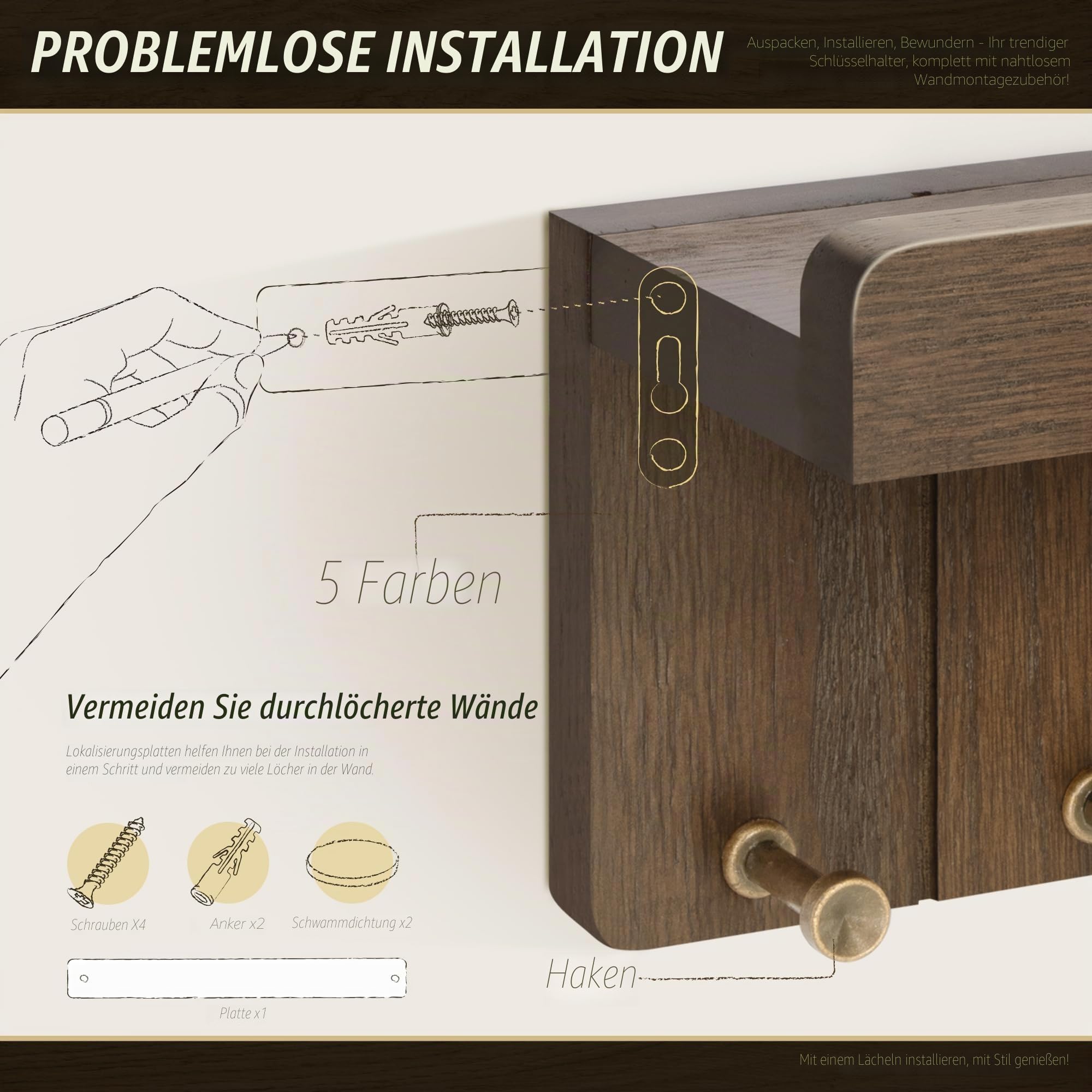 Rebee Vision Farmhouse Schlüsselhalter Wandhalterung - Kleiner Schlüssel- und Posthalter für die Wand mit 4 Haken und Mini-Schweberegal - Ideale Wohnungsutensilien für Raumdekoration, ästhetisch