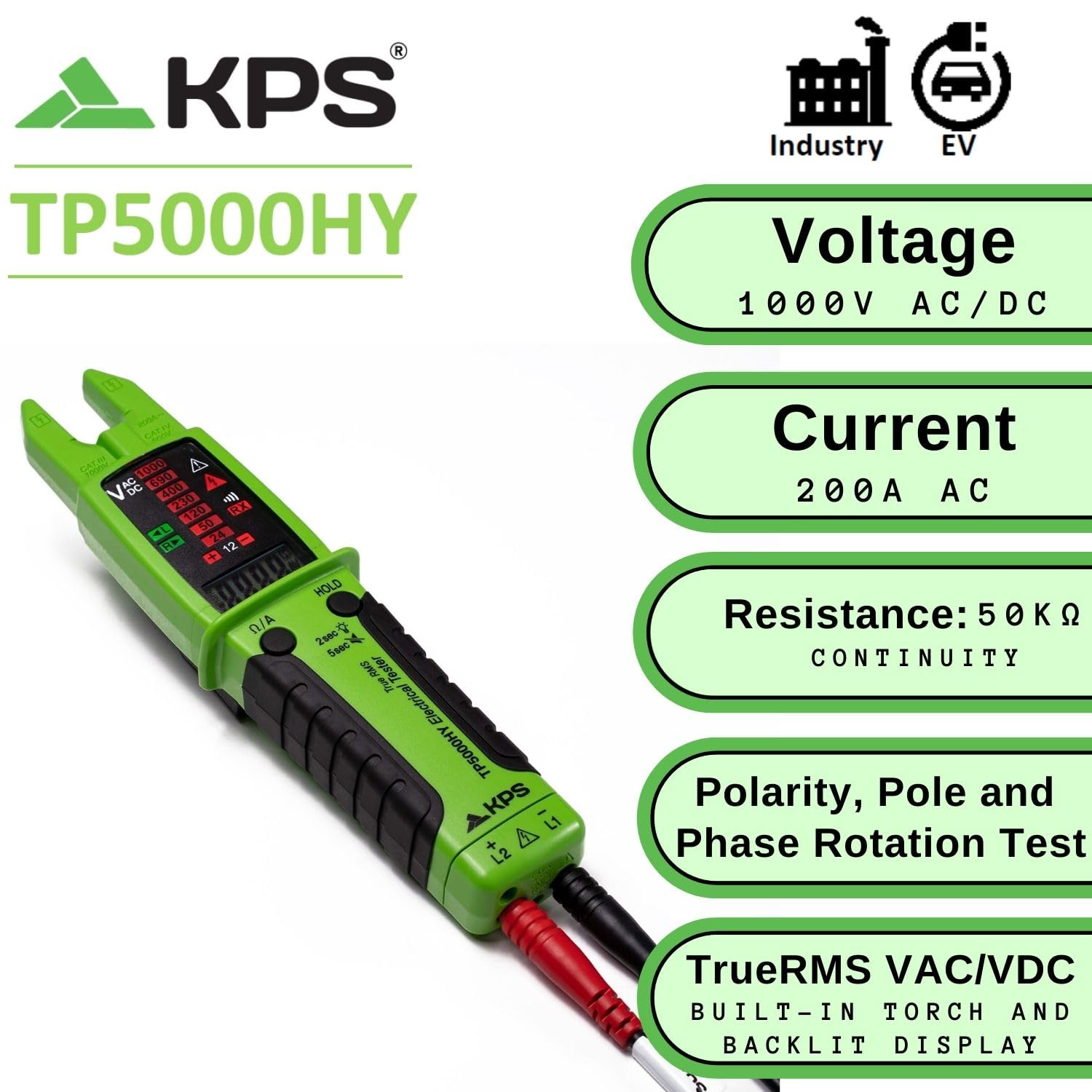 KPS-TP5000HY Multimeter mit Stromzange - TRMS Spannungs- & Strommessung AC/DC bis 1000V & 200A, Widerstand, Drehfeldprüfung, Phasenprüfung, IP65, CAT IV, 10.000 Counts