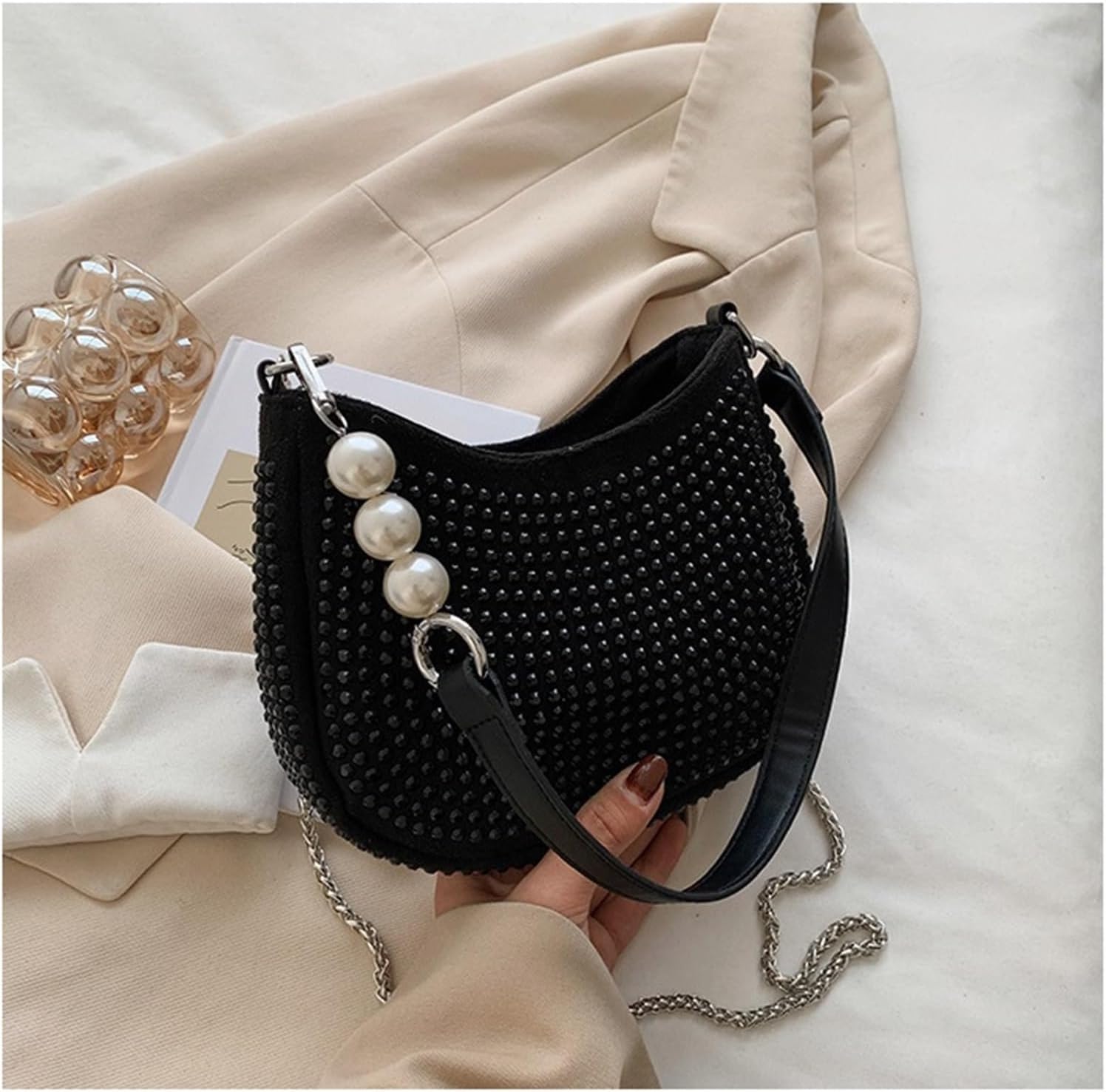 ブライトダイヤモンド レディースバッグ パールチェーン クロスボディバッグ ショルダー スモール スクエアバッグ, ブラック, On