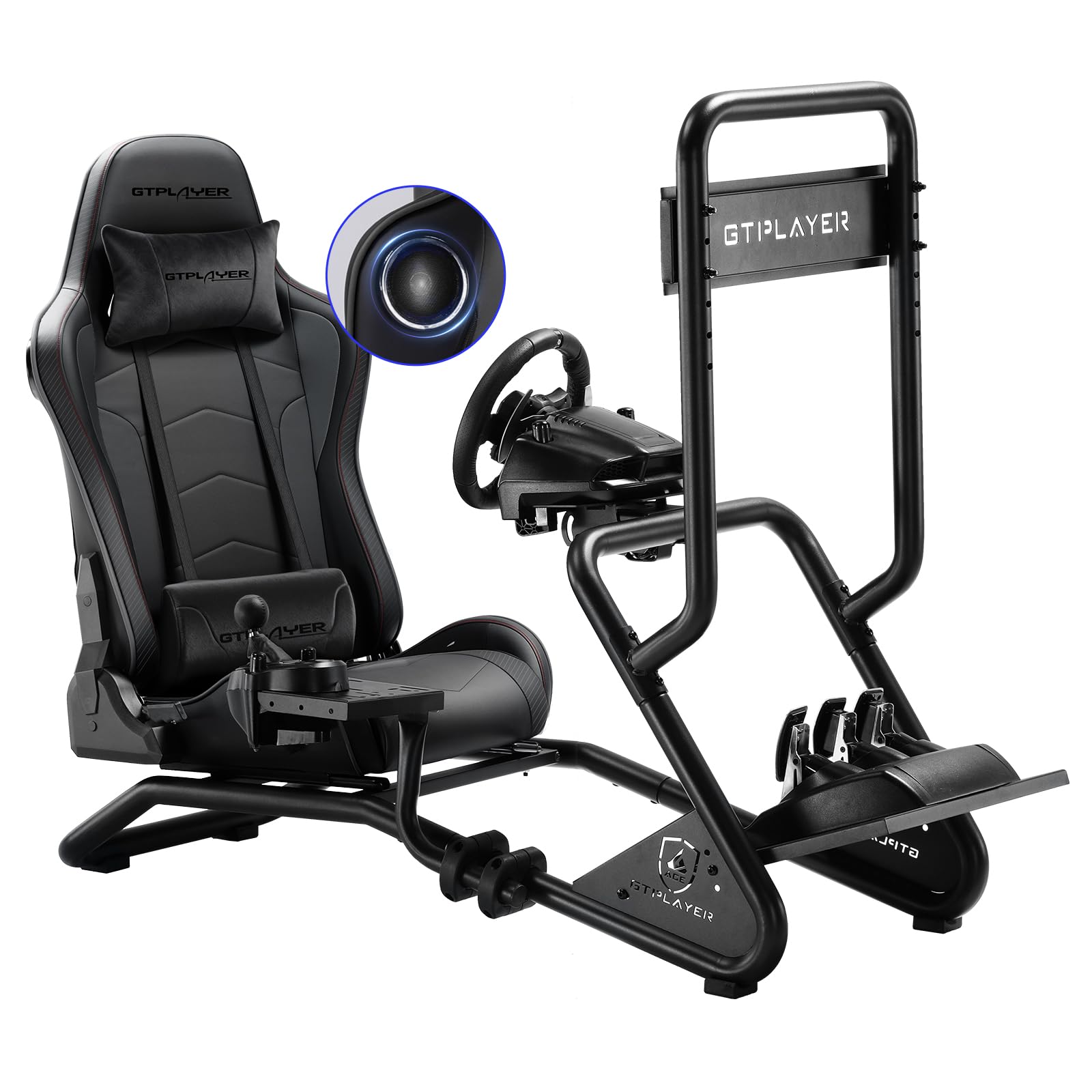 GTPLAYER Simulator Cockpit Rennsimulator Lenkradständer mit 3D-Stereo-Lautsprechern, Monitorhalterung, verstellbarer Lenkradhalterung, Schalthebelhalterung und Fußpedalen (Schwarz)