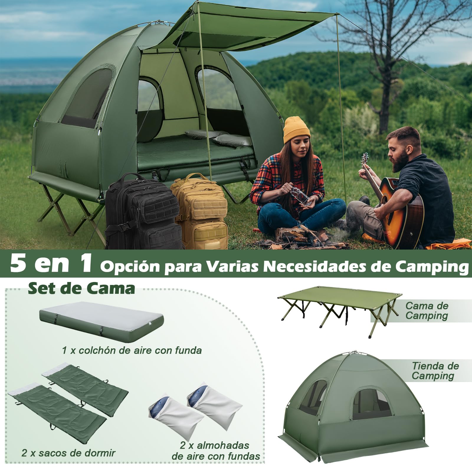 COSTWAY Tienda de Campaña para 2 Personas, Tienda de Camping con Cama Elevada, Colchón, Almohadas de Aire, Saco de Dormir, Bolsa de Transporte para Picnic Pesca, 194 x 145 x 187 cm