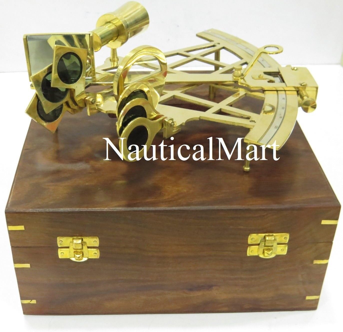 Nautical 10'' Brass Sextant with Maritime Wooden Box