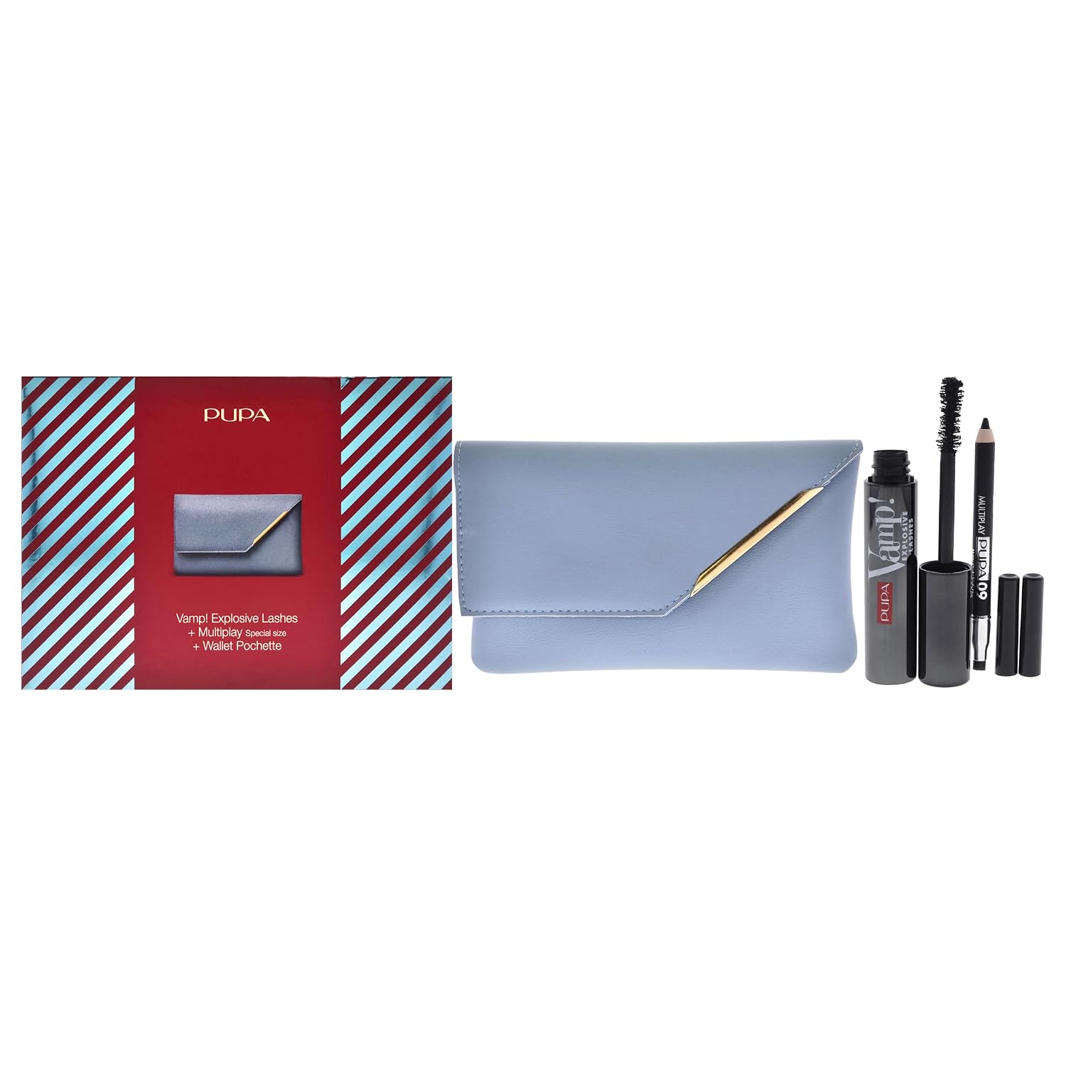 Vamp! Explosive Lashes and Multiply Set by Pupa Milano for Women - 3 Pc 0.40oz Vamp! Explosive Lashes Mascara - 110 Black, 0.03oz Multiplay Eye Pencil - 09 Black, Wallet