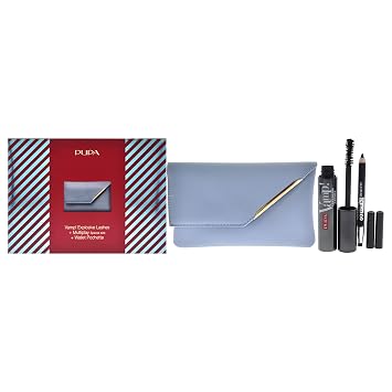 فامب! جلدة متفجرة ومجموعة مضاعفة بواسطة Pupa Milano للنساء - 3 Pc 0.40 oz Vamp! ماسكارا جلدة متفجرة - 110 أسود، قلم عين متعدد اللاعبين 0.03 أوقية - 09 أسود، محفظة