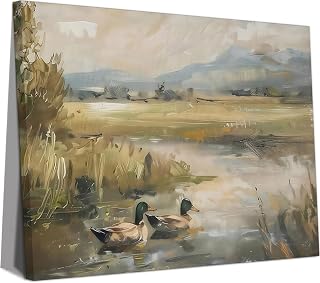 MLKZNOI Mallard Duck Pond Canvas Wall Art Vintage Duck Oil Painting Wall Decor Animal Farmhouse Poster Bird Hunter Countryside Art Wildlife for Living Room Office Bedroom Rustic Decor 12x16 Inch