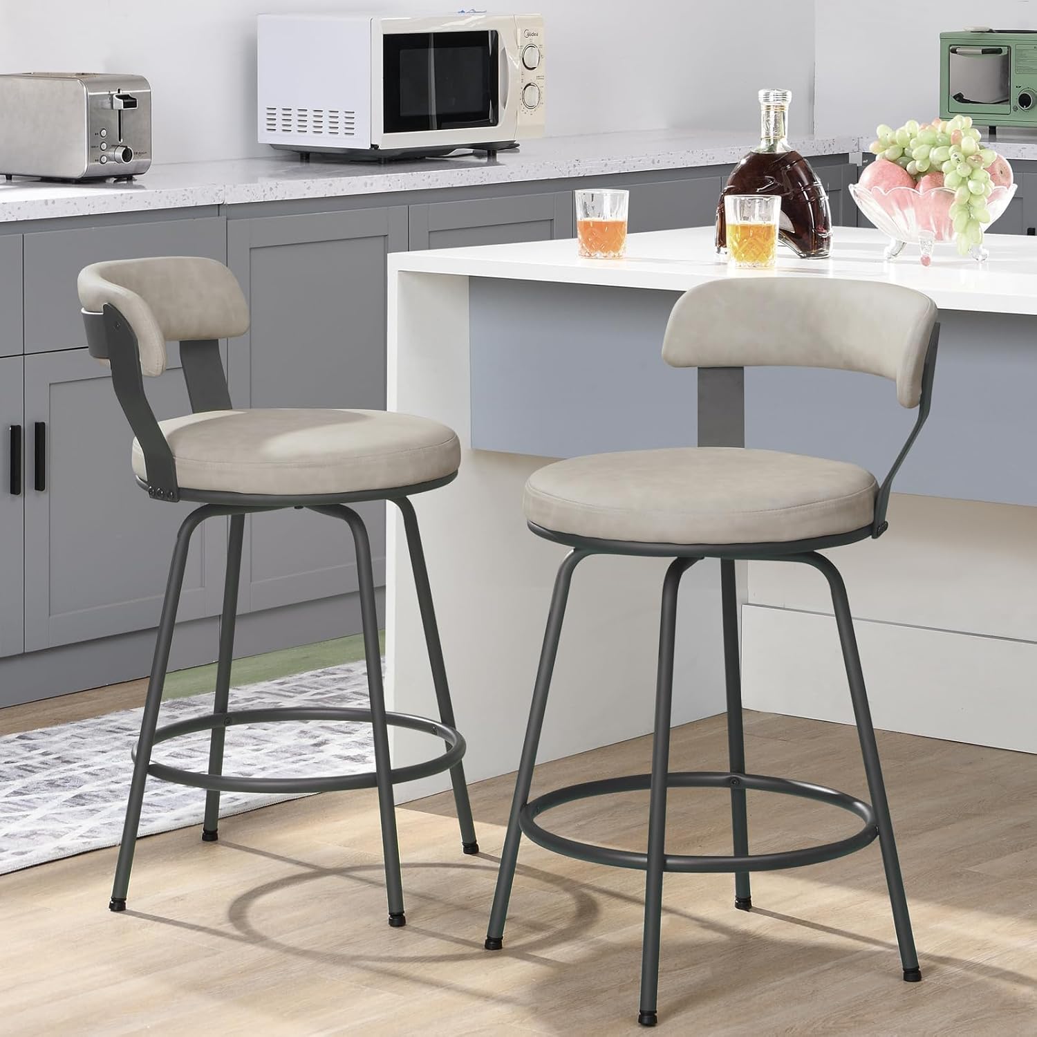 24 Inch Bar Stools Set of 2, Leather Counter Height Swivel Stools with Backs, Beige