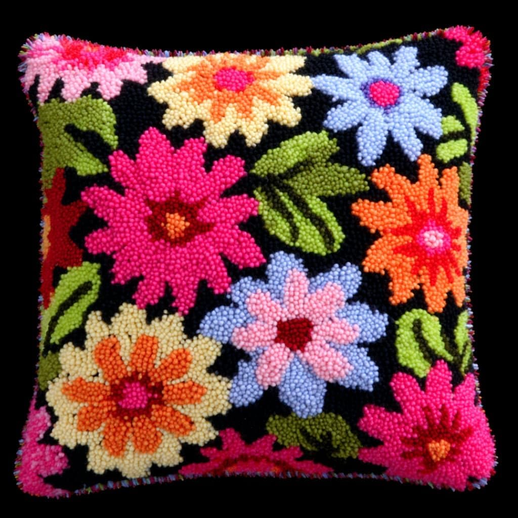 WallustrioaW DIY Latch Hook Pillow Kit,Flowers Pillowcase Kits Embroidery Kits 17X17 Inch DIY Needlework Pillow Cover Sofa Cushion Rug Making