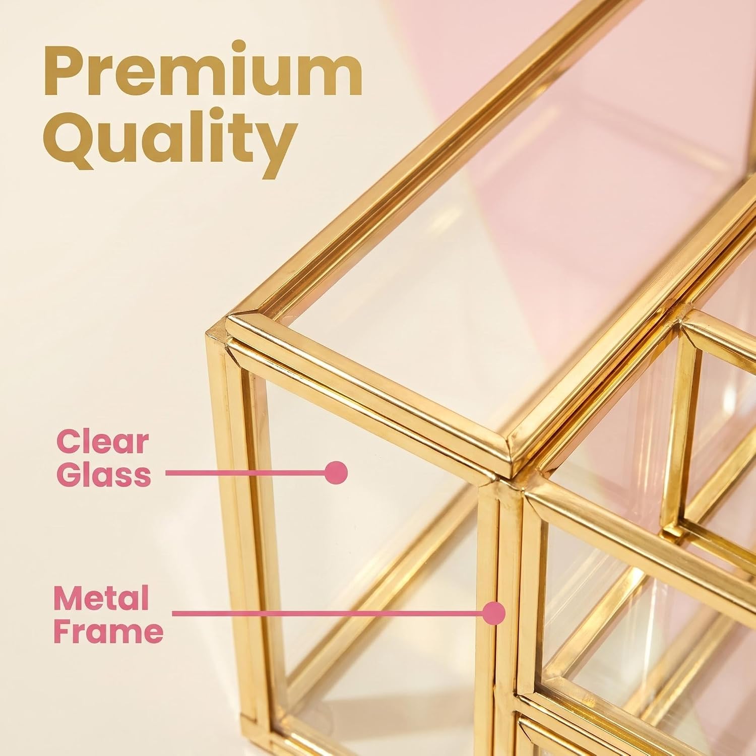 JIARI Glass Makeup Organizer with Drawer, Gold Brass Frame Jewelry Display Box, Nordic Style Cosmetic Storage for Vanity Bathroom Bedroom Office, 9.84x5.51x4.33 Inches (Brush Holder-A23)