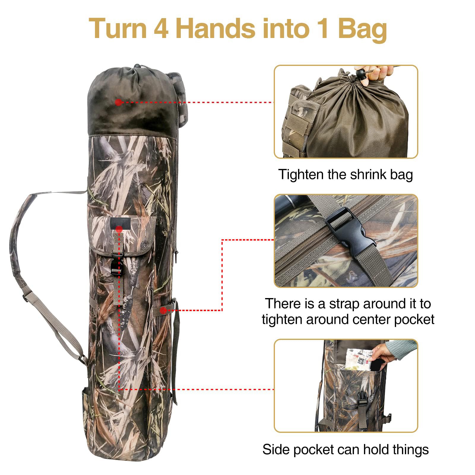 DONQL Sacs de canne à pêche d'extérieur multifonction en toile portable pour le camping, sac à dos de rangement pour canne à pêche, étui de rangement pour canne à pêche, 5 bâtons et accessoires de