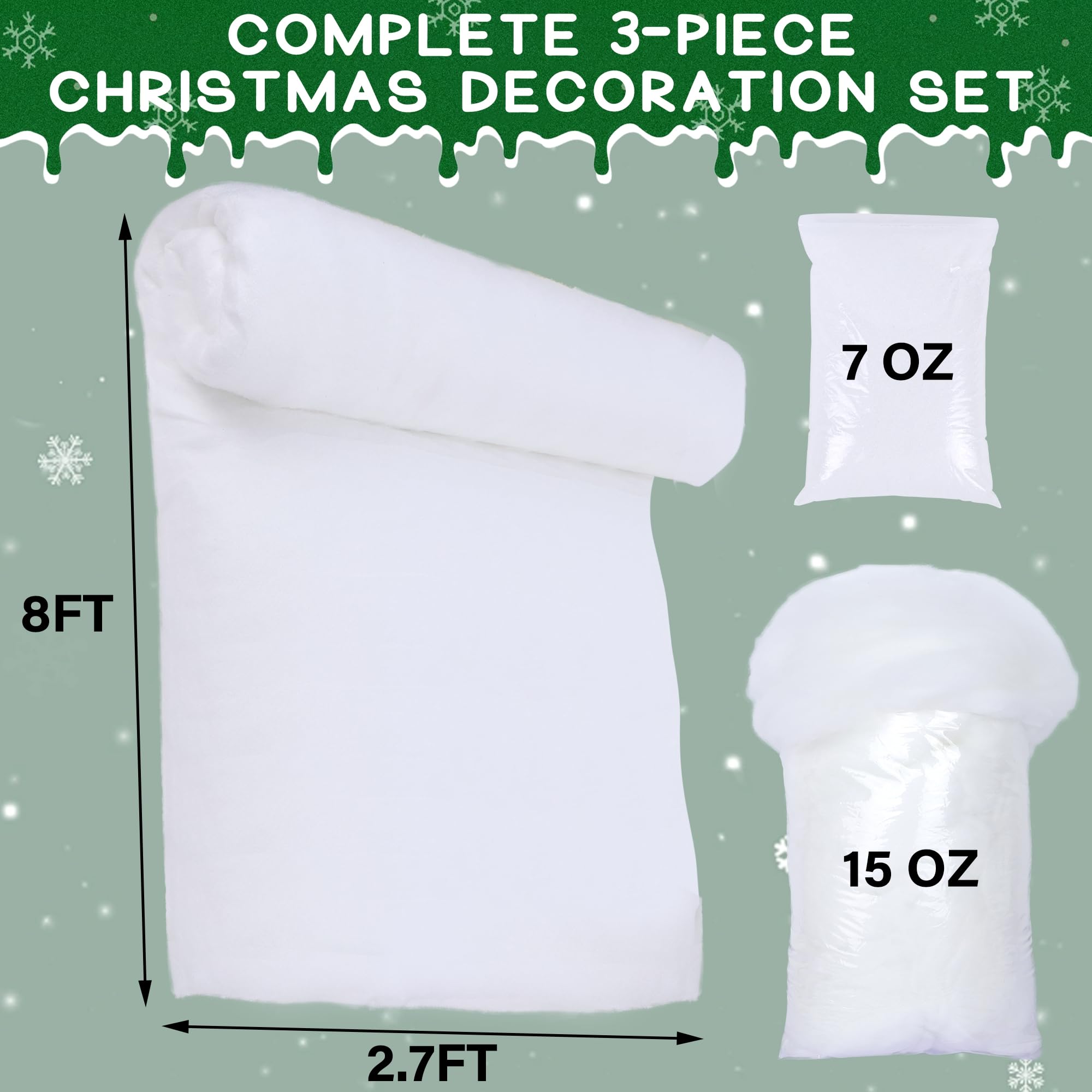 winemana Juego de 3 piezas de decoración de nieve falsa de Navidad, rollo de manta de nieve, copos de nieve artificiales, nieve esponjosa para casas de pueblo de Navidad, decoración de mesa de cocina