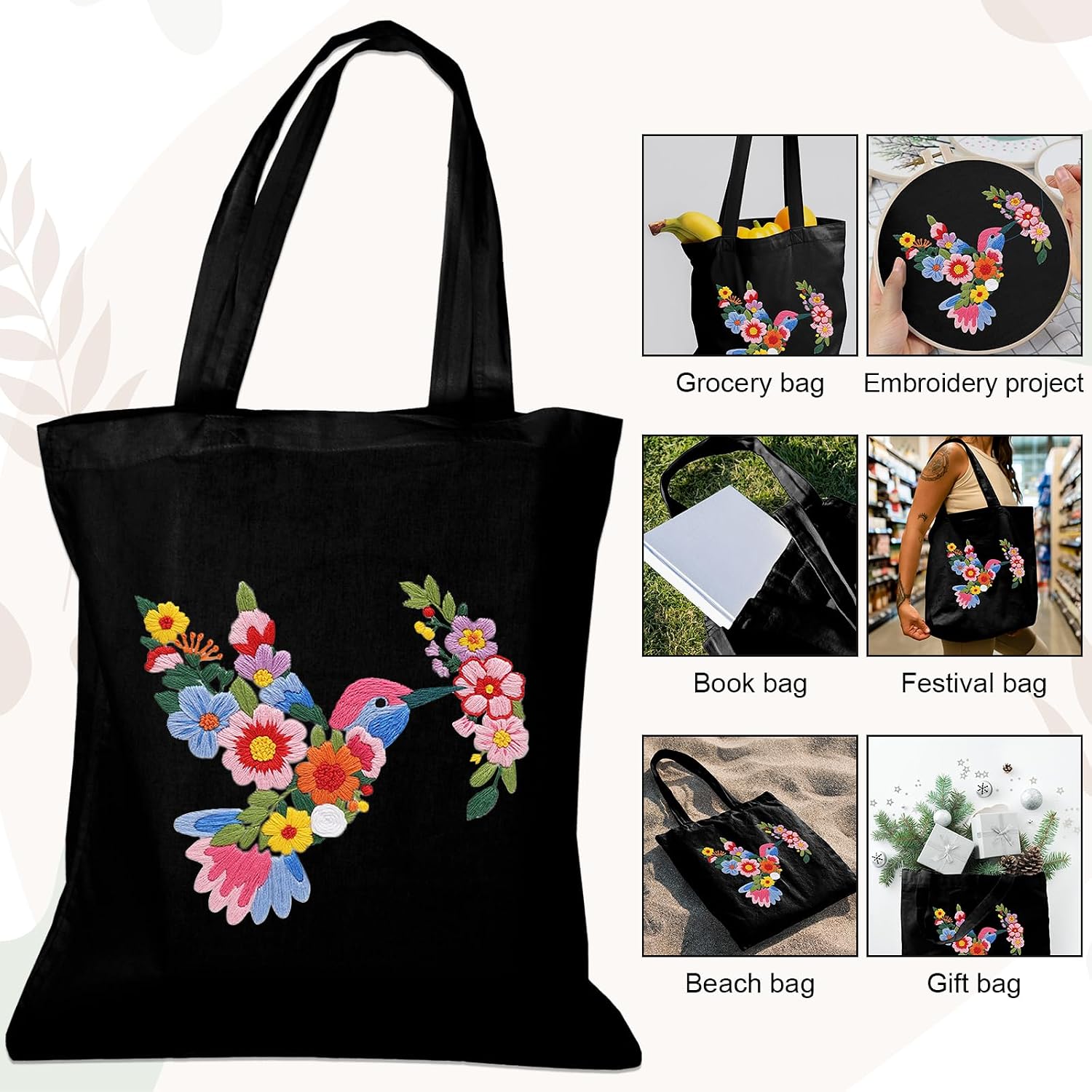 Nuberlic Embroidery Tote Bag Kit for Beginners with Floral Bird Pattern image 4