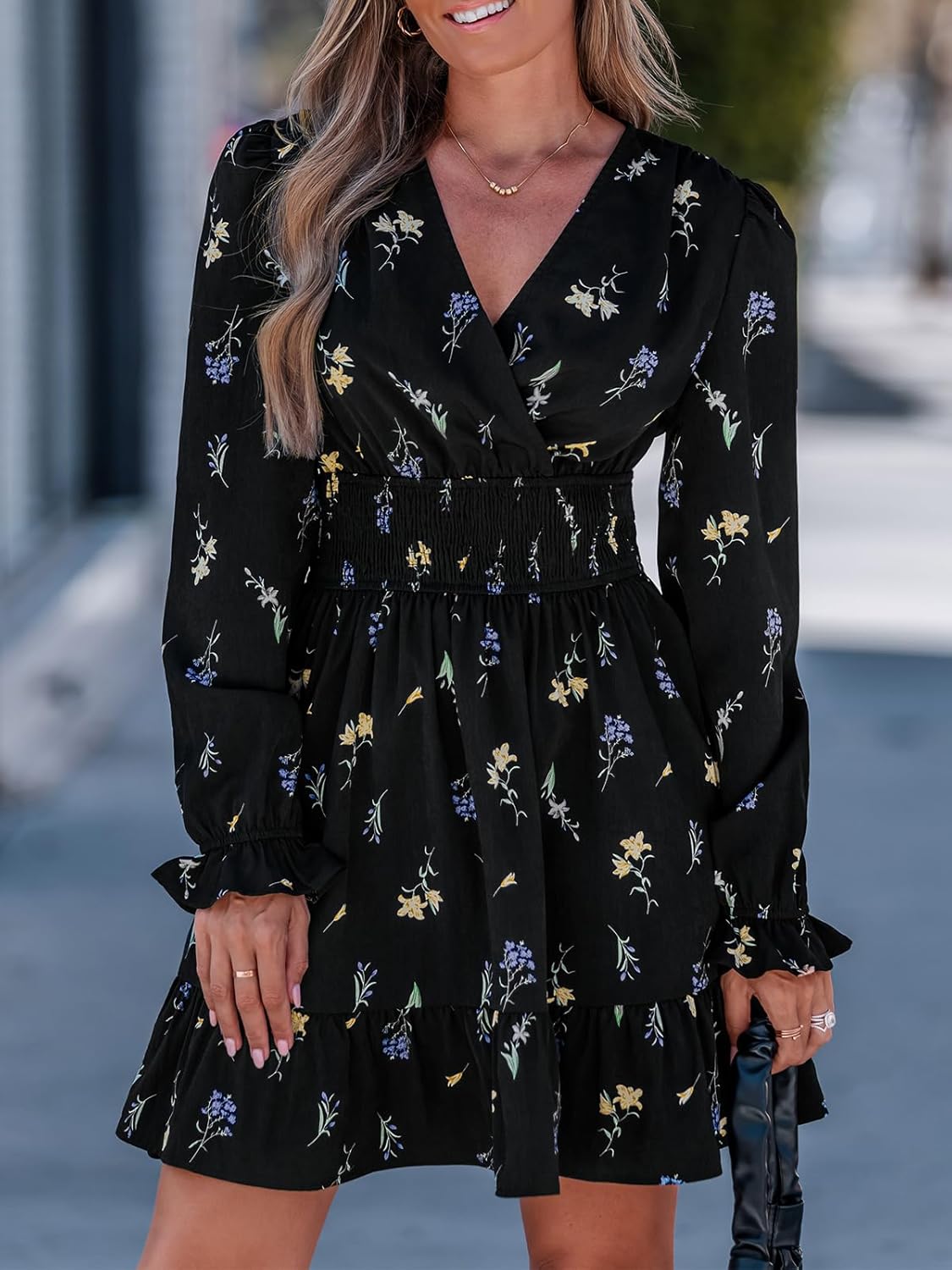 CUPSHE Women Fall Dresses Floral V Neck Long Sleeve Ruffle Hem Smocked High Waist Casual Mini Dress - Image 8