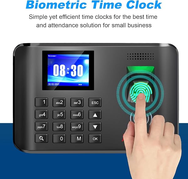 A5 Clocking in Machine for Employees Small Business-Fingerprint, RFID and PIN Biometric Time Clock, Office Punch Clock, with 5 Badges (0 Monthly Fees) - 5