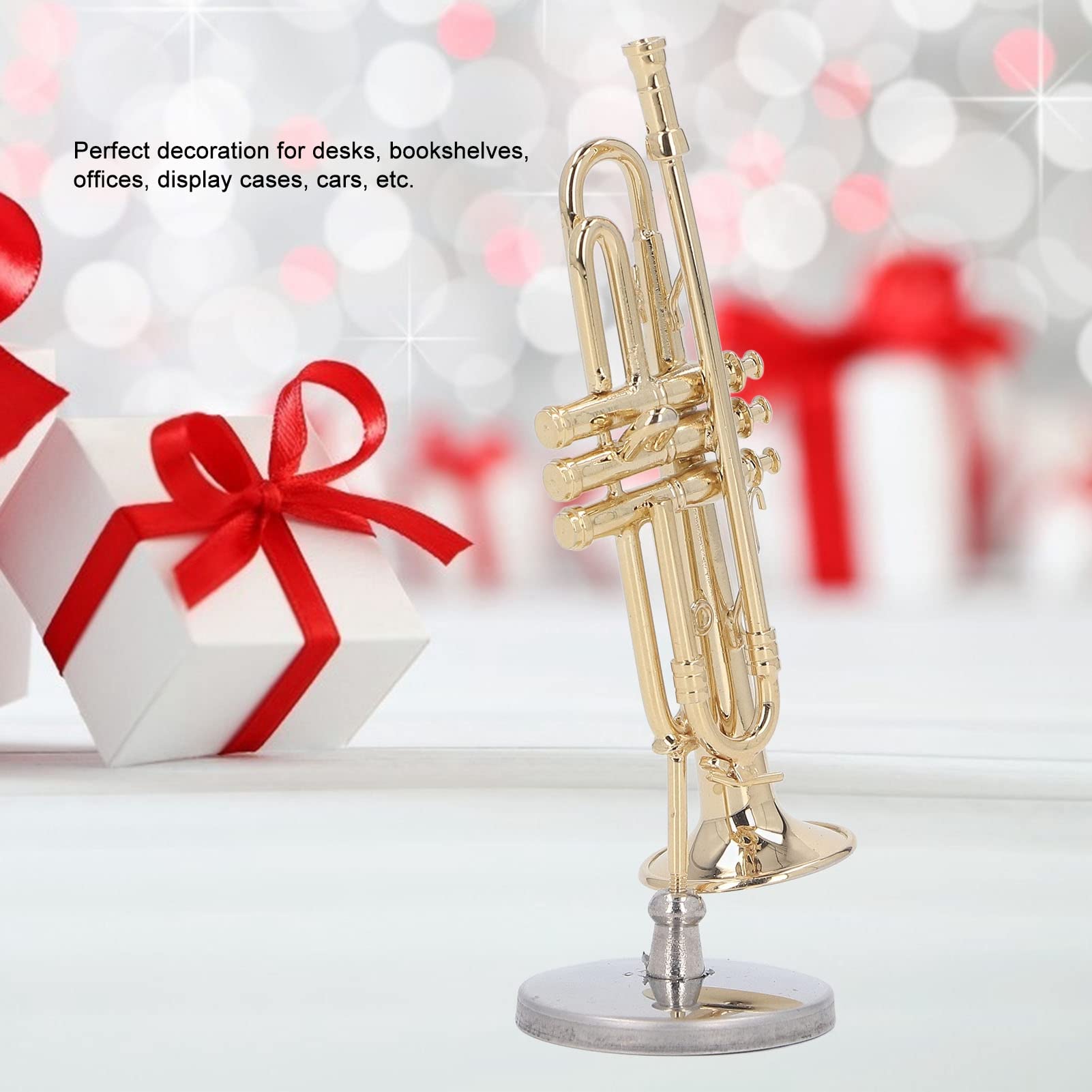 Trompeta en miniatura con soporte y estuche, modelo de trompeta, instrumento musical, réplica en miniatura, colección de instrumentos musicales, decoración del hogar, adorno de (3,54 pulgadas)