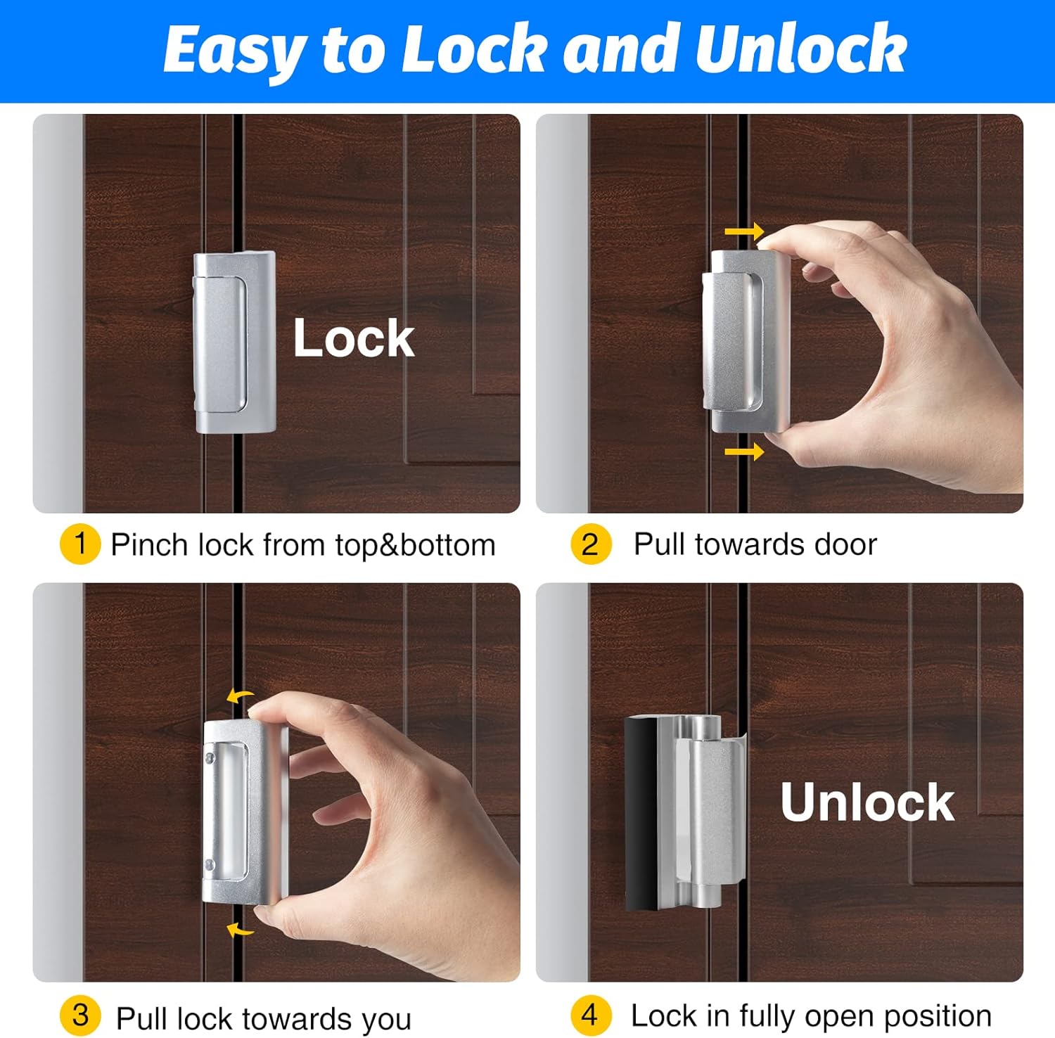 Home Security Door Lock, Fcicarn Childproof Door Reinforcement Lock with 8 Screws, 3 Inch Stop Withstand 800 lbs for Inward Swinging Door, Upgrade Night Lock to Defend Your Home (2-Pack,Silver)