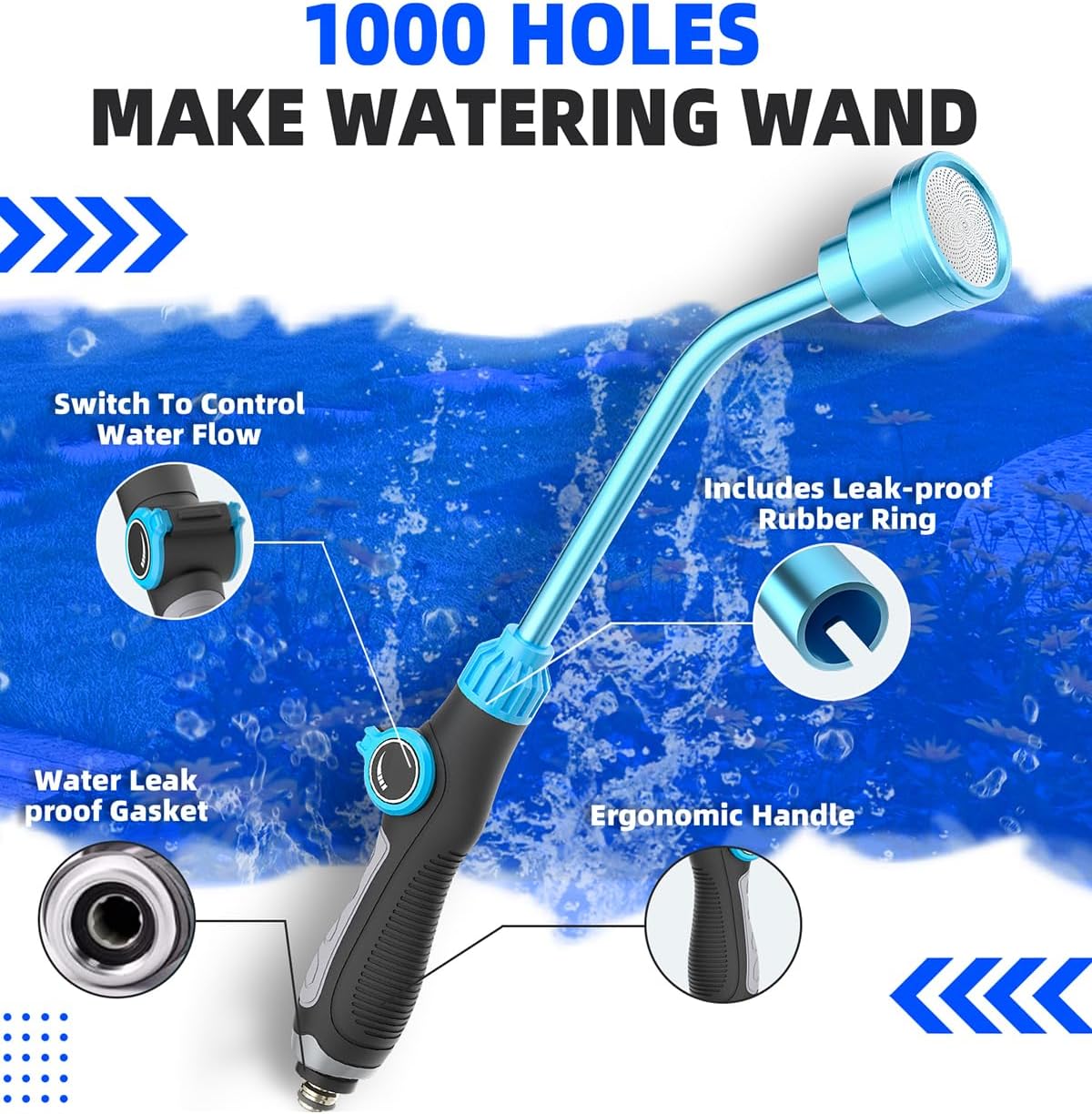 DTRK Watering Wand 19 Inch Detachable Sprayer Wand 1000 Holes Garden Hose Wand with Thumb Flow Control for Hanging Baskets, Plants, Flowers, Shrubs, Seedbed,Garden and Lawn