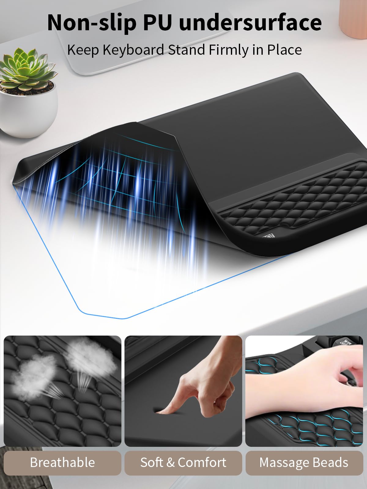 Supporto ergonomico 3 in 1 per tastiera con poggiapolsi e tappetino per mouse, comodo supporto per tastiera, morbido tappetino per mouse con design massaggiante, memory foam e base antiscivolo in PU